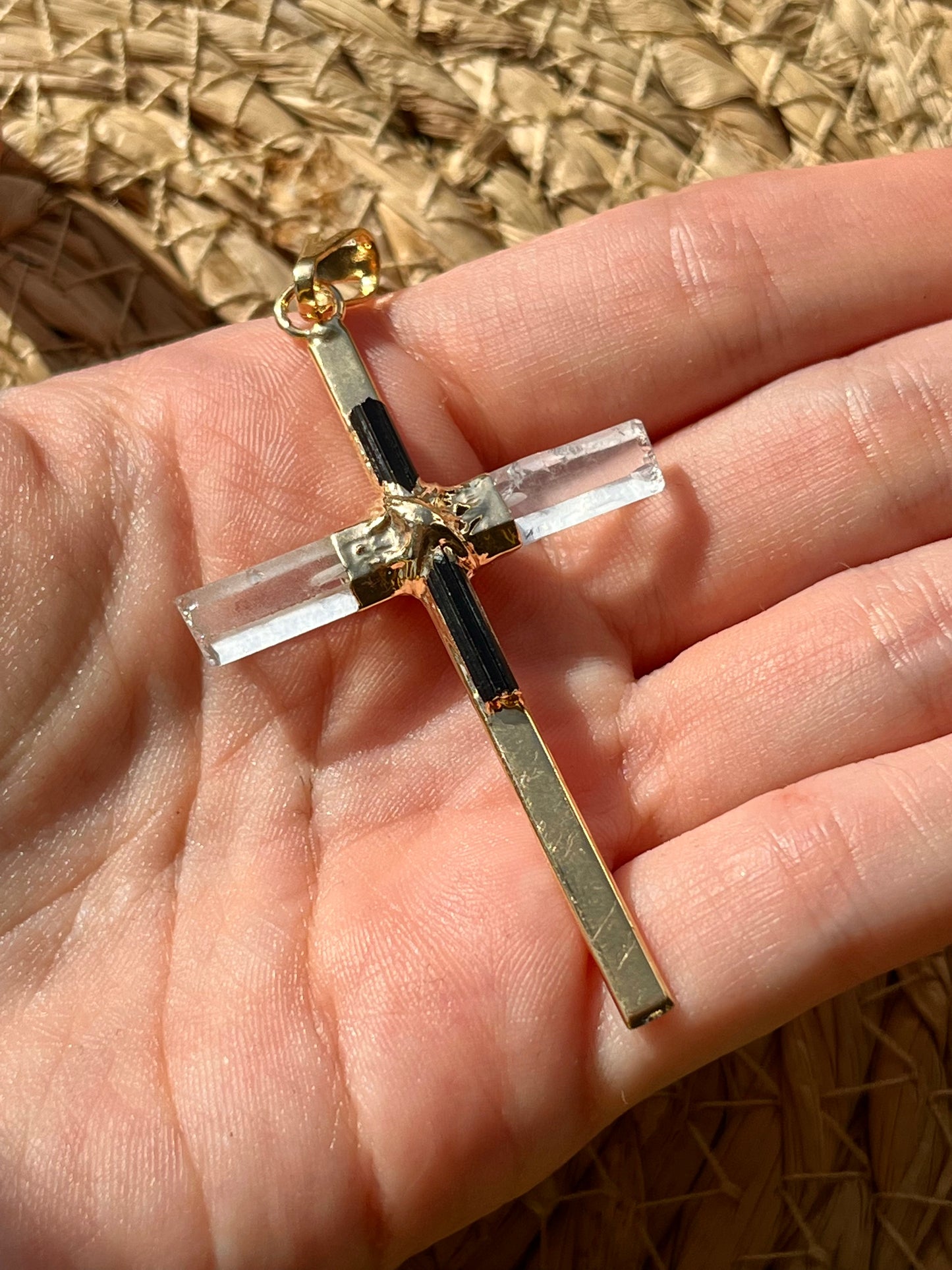 Black Tourmaline & Clear Quartz Cross Pendant set in 24kt Electroplated Gold