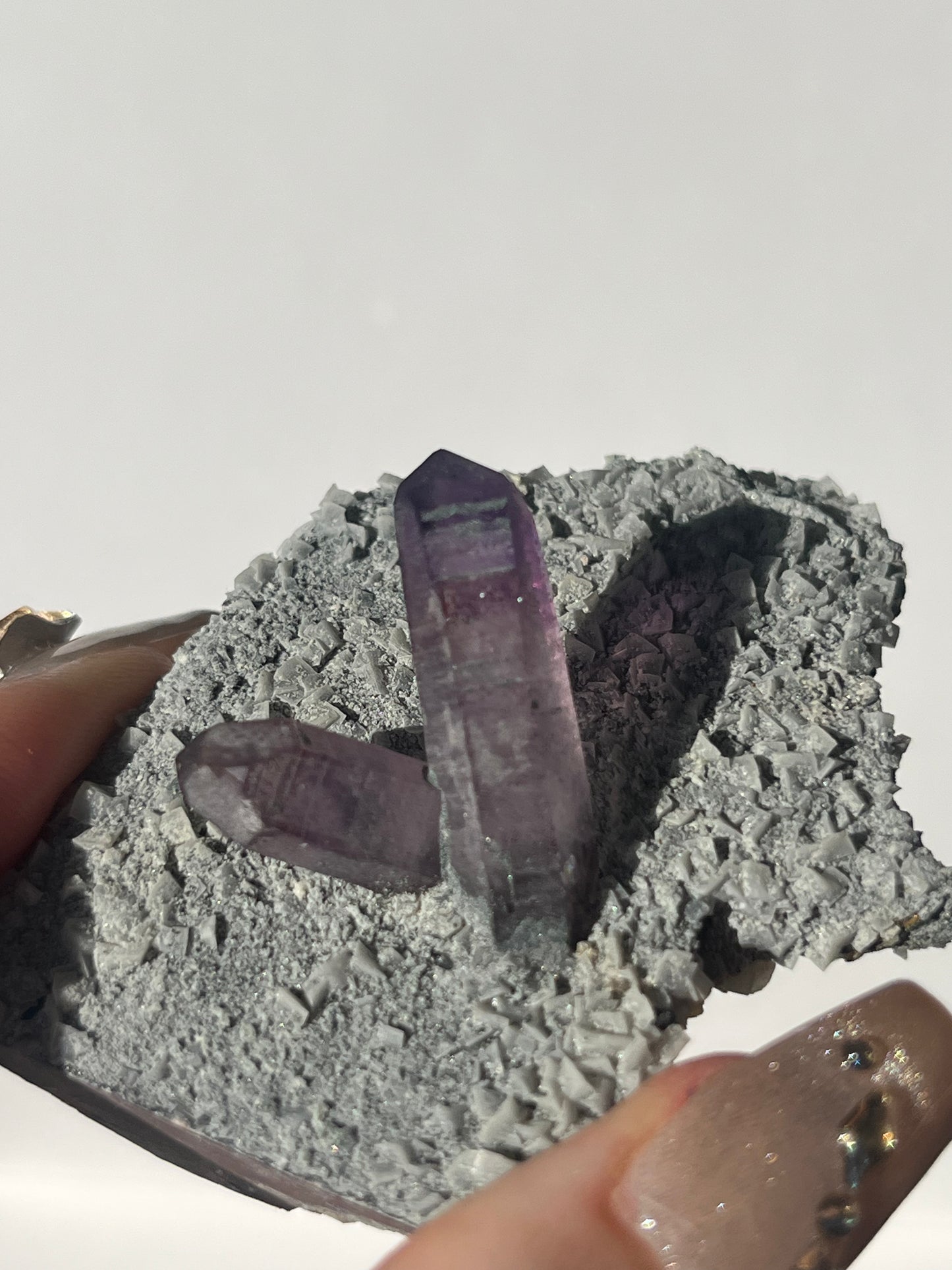 Amethyst on UV Reactive Grey Coated Calcite Matrix Specimen G