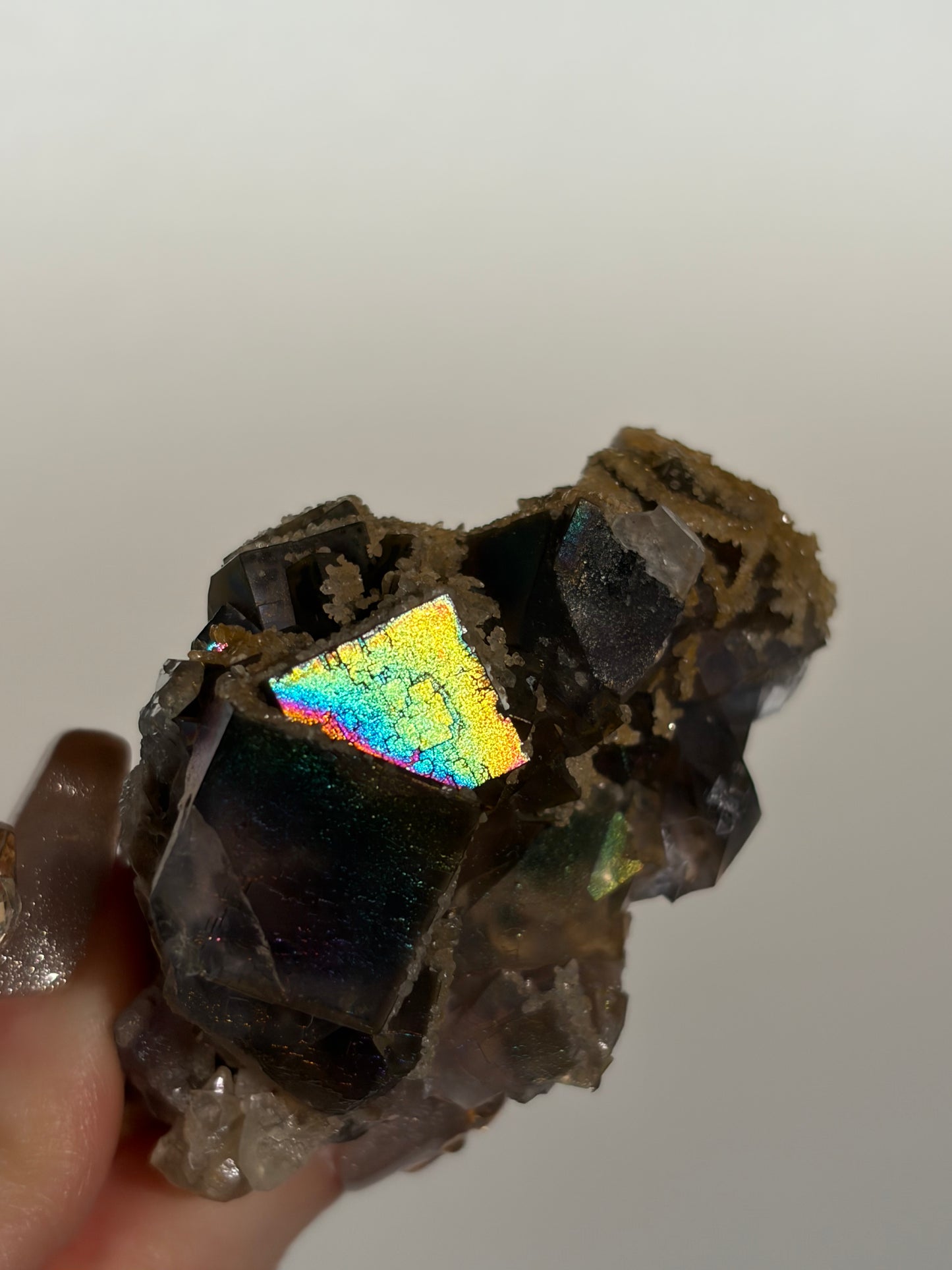 Iridescent Fluorite Specimen with Calcite G