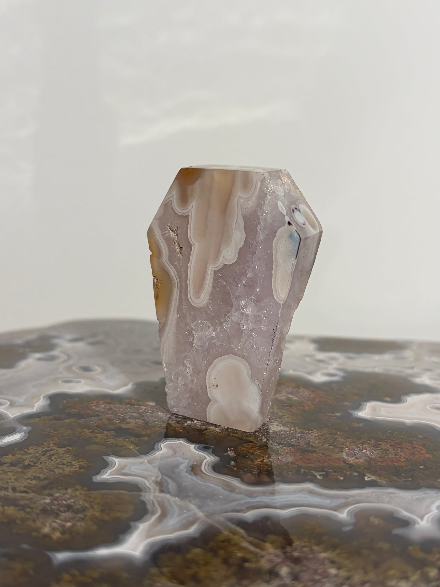 Hexagonal Nebula Agate with Amethyst Tile on Custom Stand G
