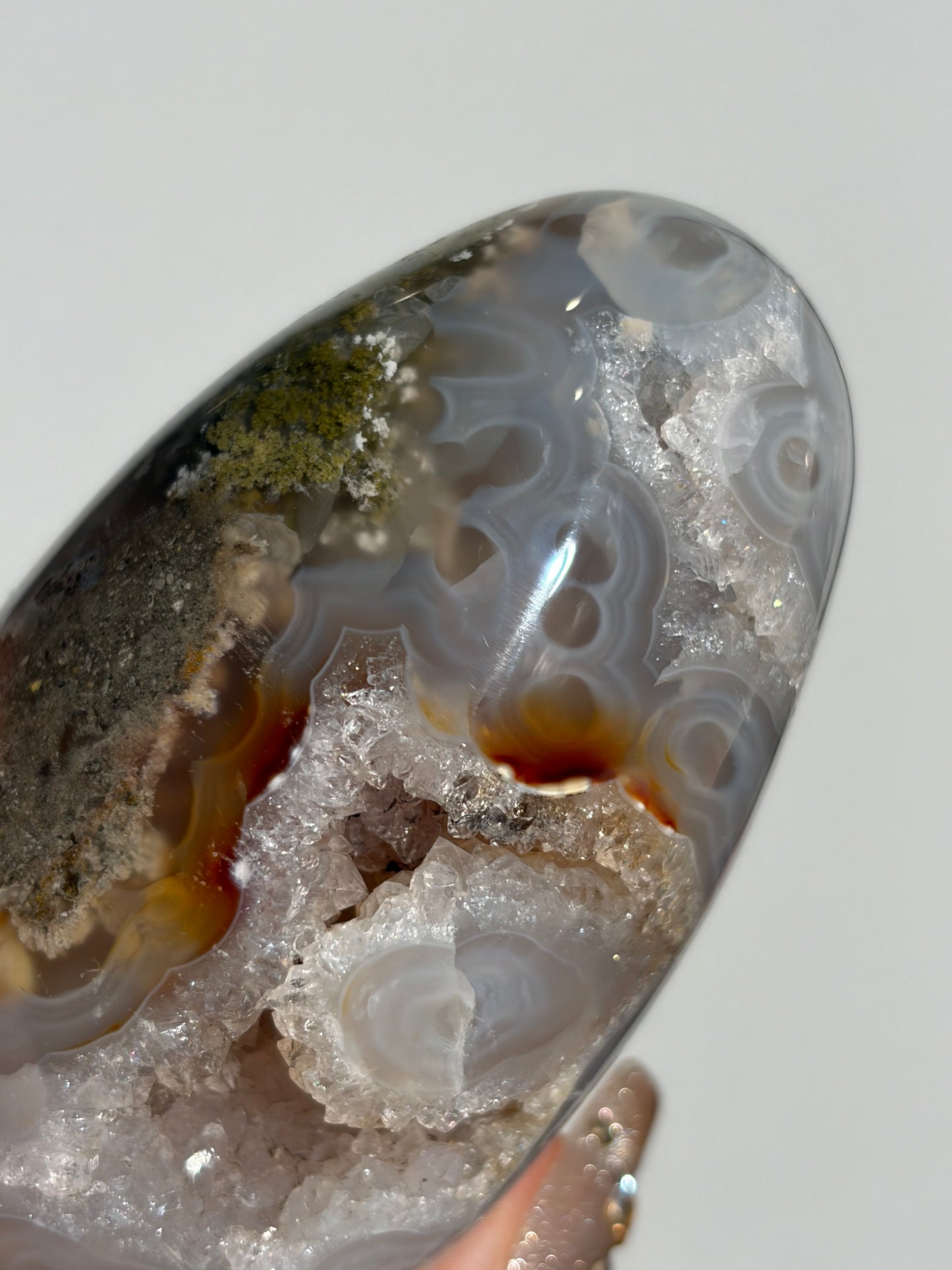 “Oracle” Jelly Orbicular Nebula Agate Egg Carving with Green Moss Inclusions