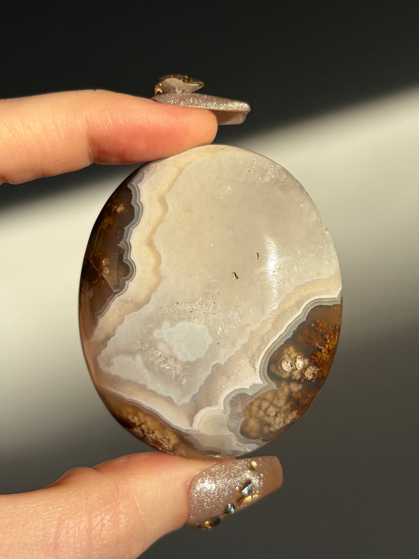 Orbicular Nebula Agate Palmstone with Natural Carnelian J