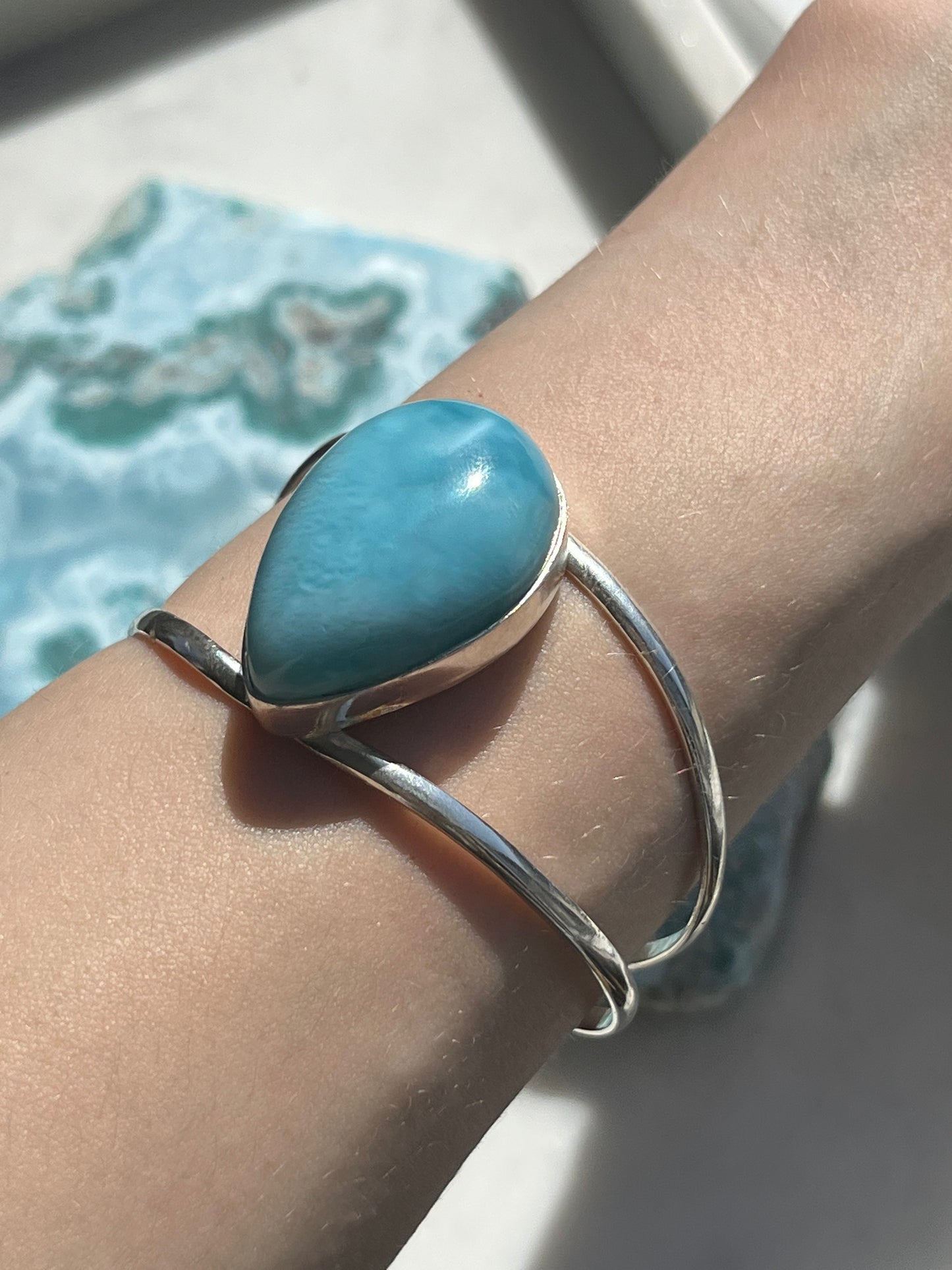 ‘Arielle’ Larimar Teardrop Bangle w/ Adjustable Sterling Silver Wristband