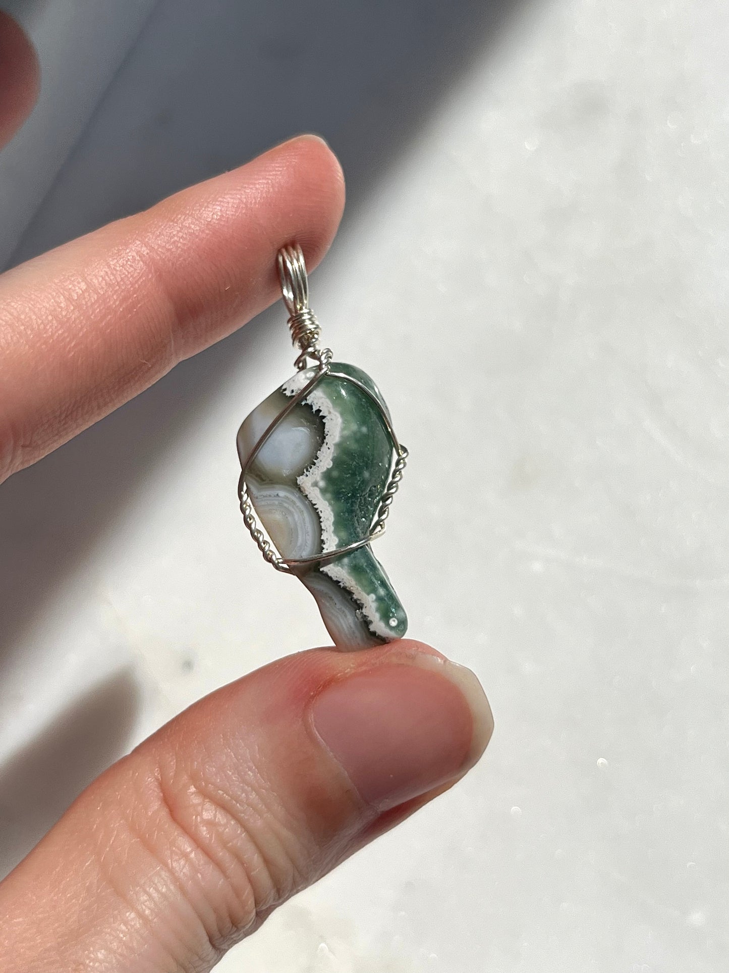 “Cherish” 8th Vein Ocean Jasper Wire Wrap Pendant (925 Sterling Silver)