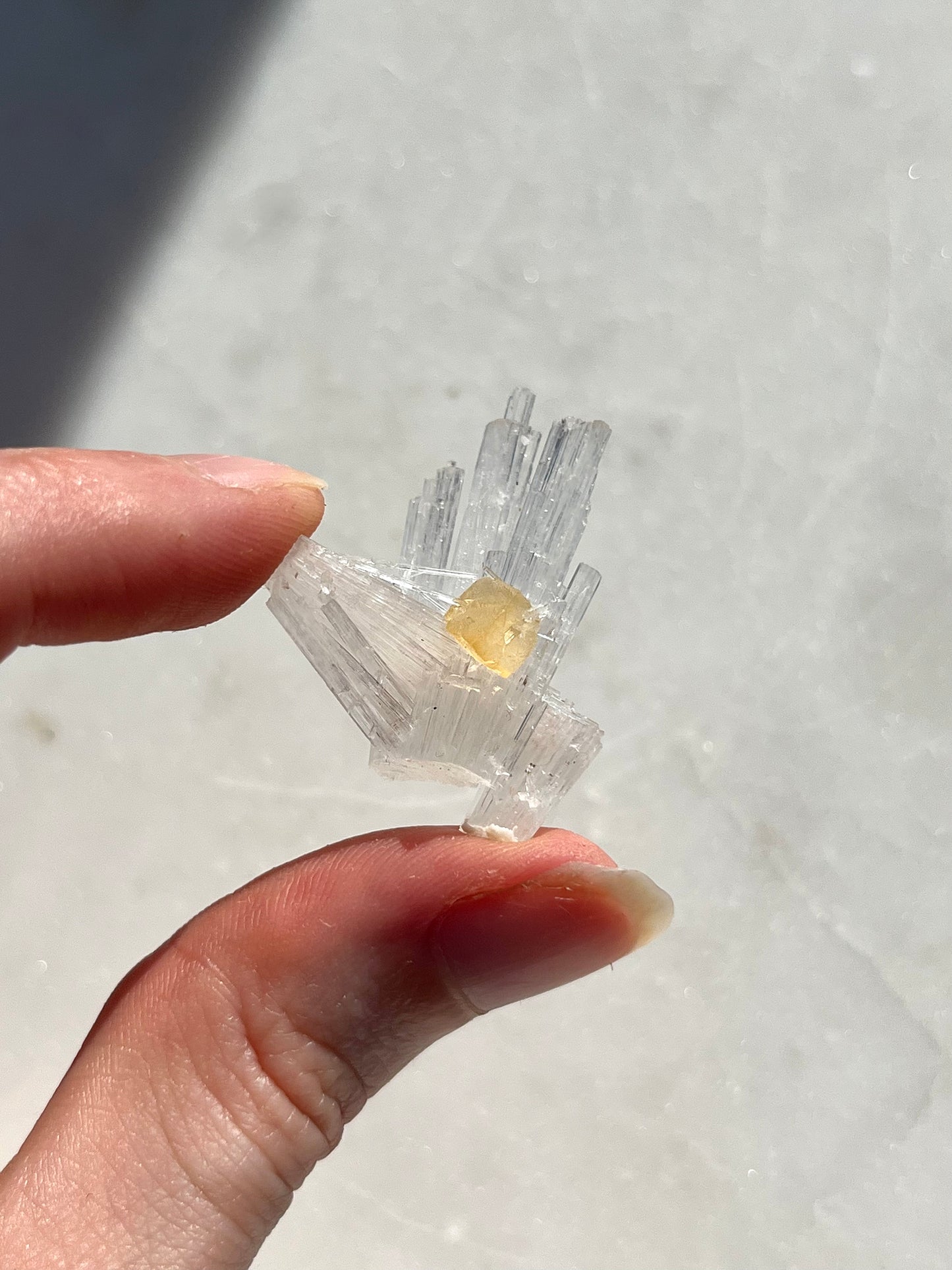 A Grade Yellow Rhombohedral Calcite on Scolecite Spray Specimen #SC1