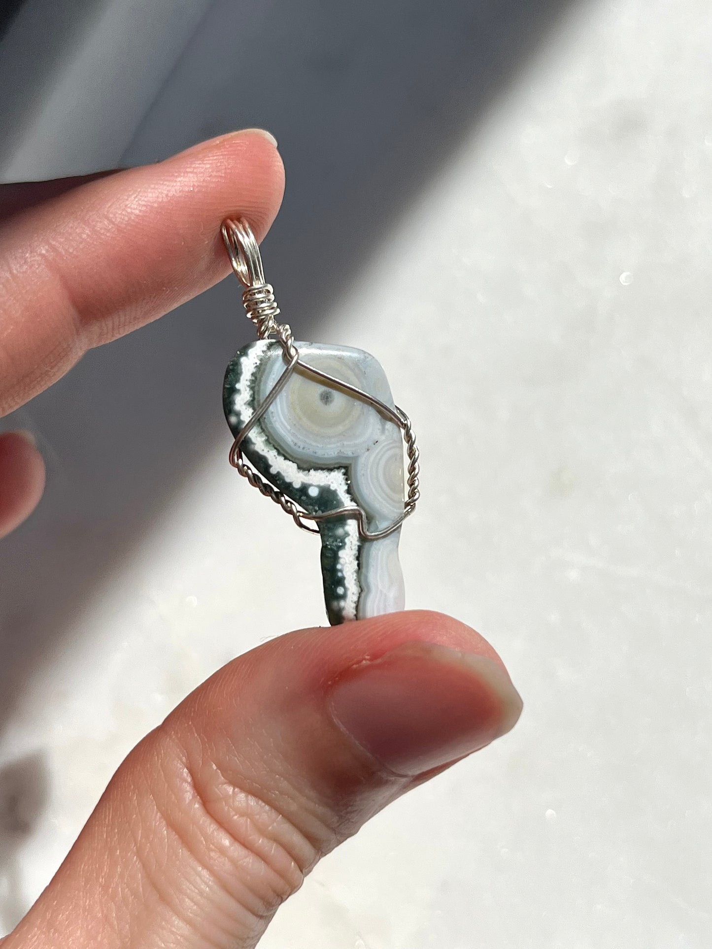 “Cherish” 8th Vein Ocean Jasper Wire Wrap Pendant (925 Sterling Silver)