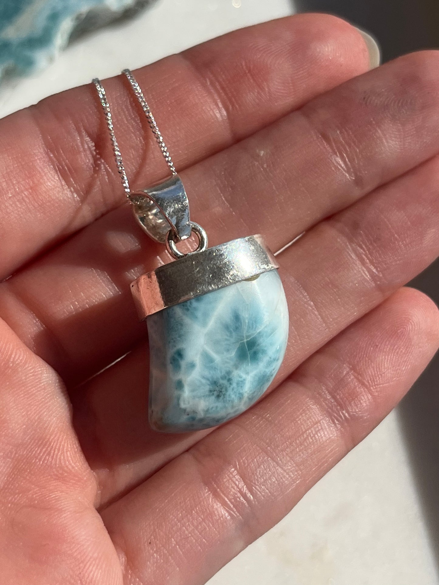 A Grade Larimar Shark Tooth Pendant & Chain (925 Sterling Silver) #1