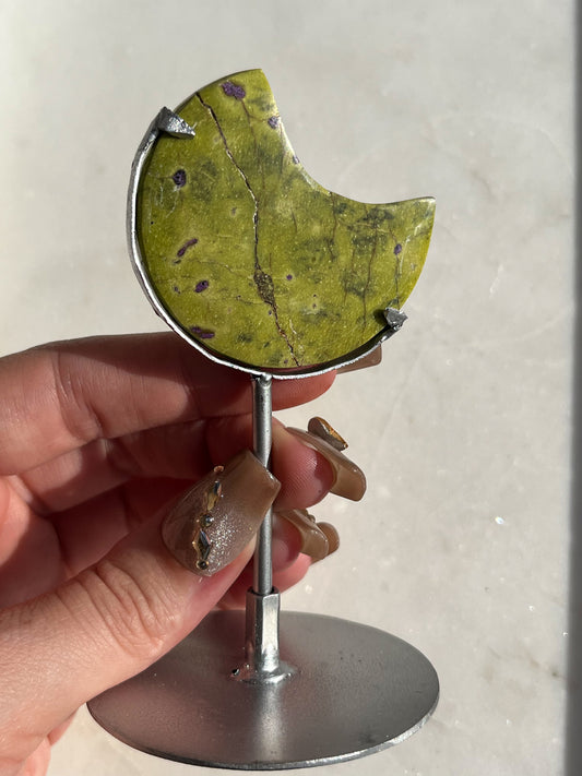 Atlantisite Moon Carving on Silver Stand (Perfectly Imperfect - Repaired)