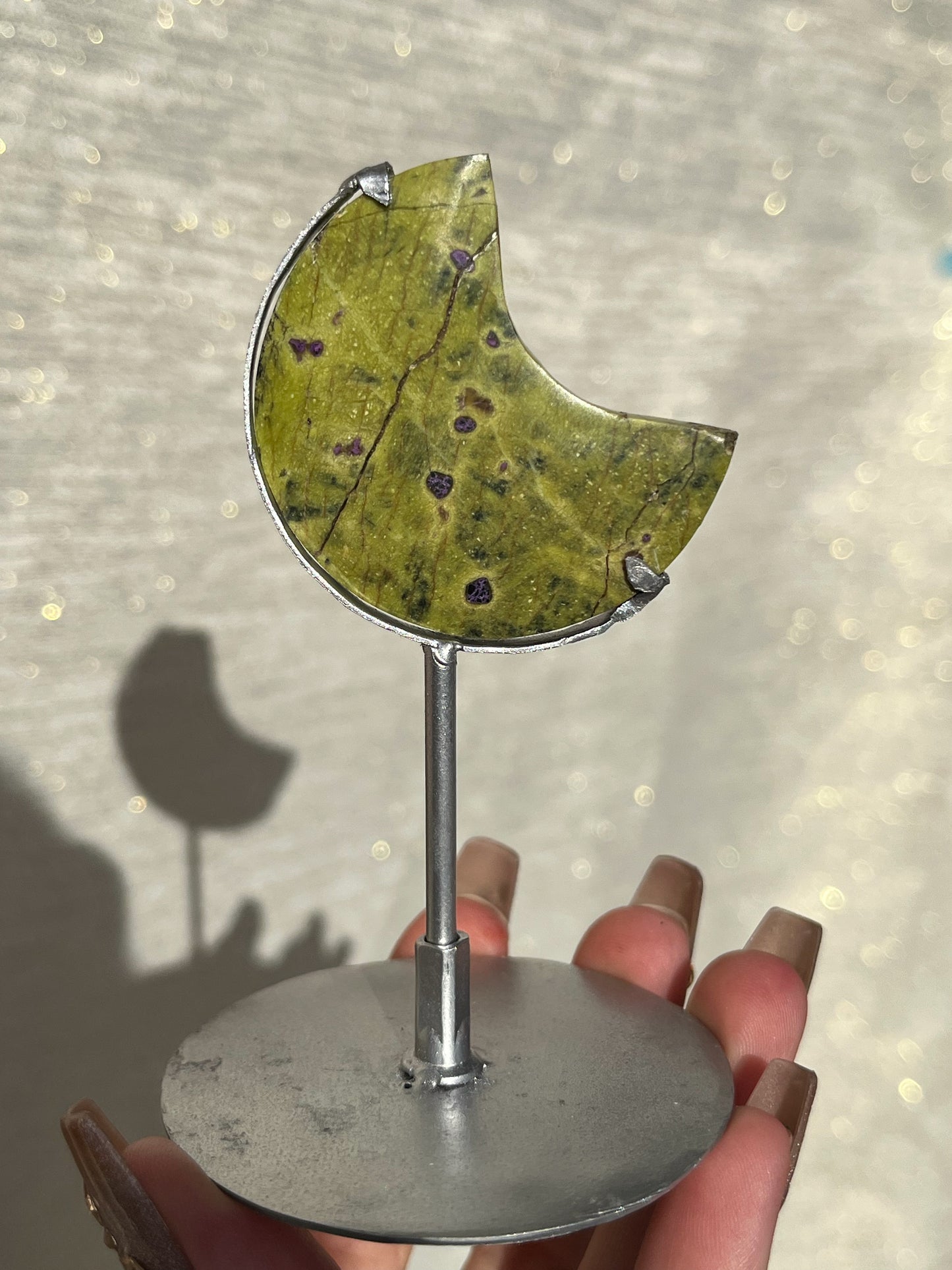 Atlantisite Moon Carving on Silver Stand (Perfectly Imperfect - Repaired)