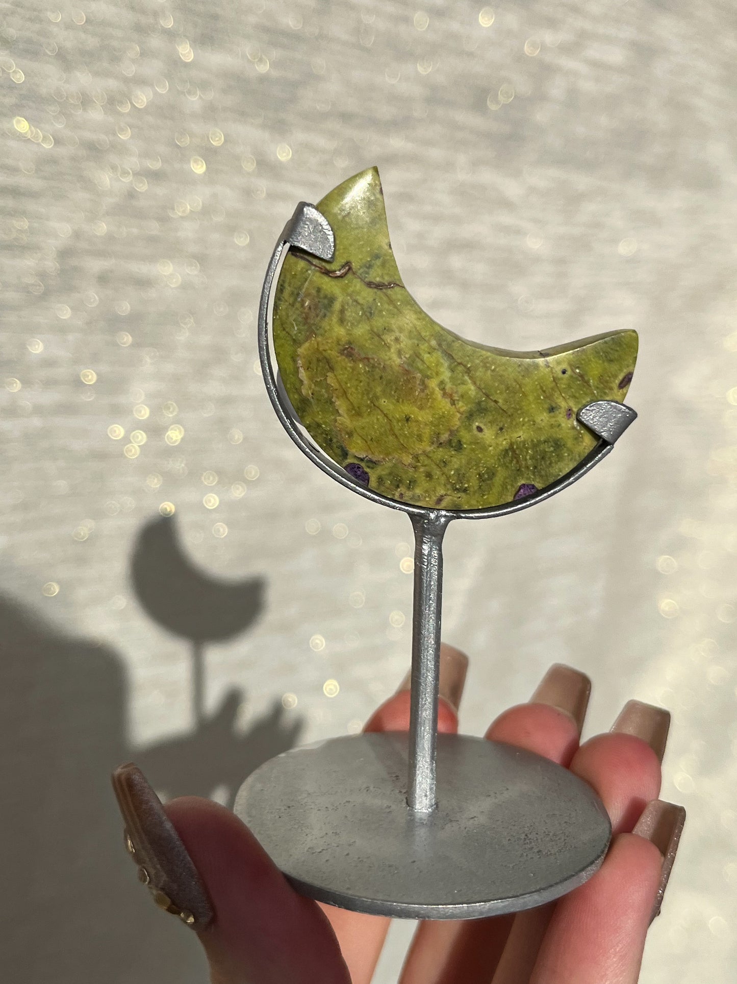 Atlantisite Moon Carving on Silver Stand (Perfectly Imperfect - Repaired)
