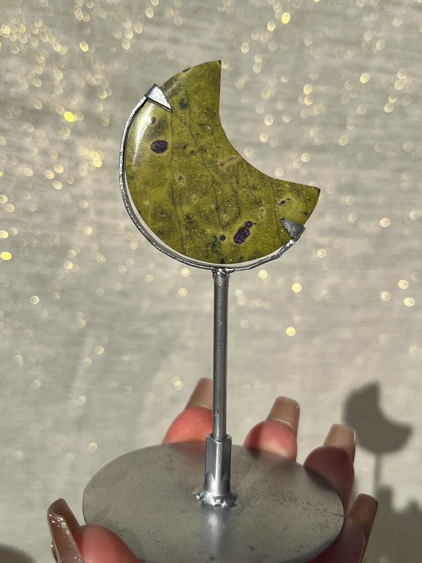 Atlantisite Moon Carving on Silver Stand (Perfectly Imperfect - Repaired)