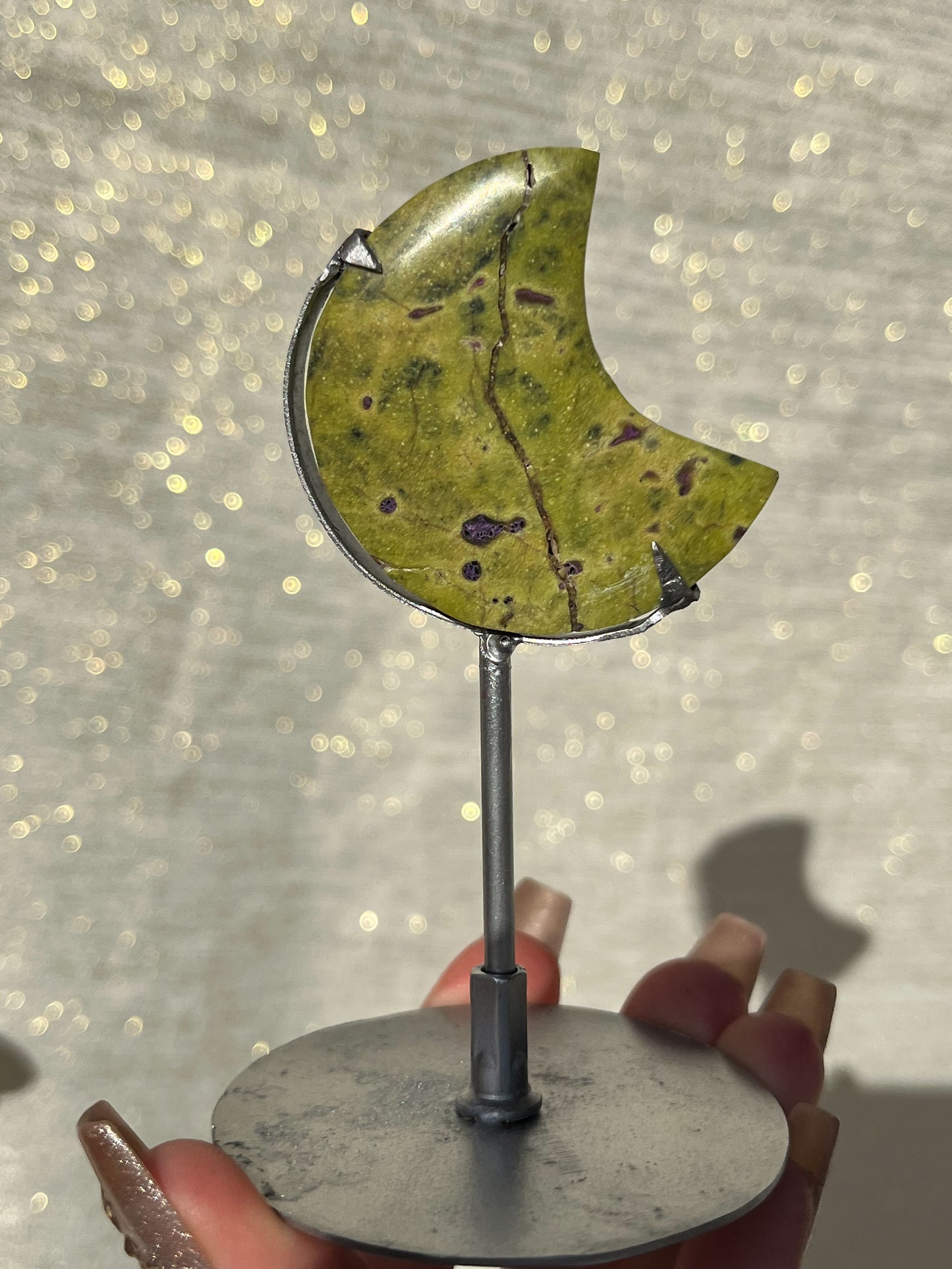 Atlantisite Moon Carving on Silver Stand (Perfectly Imperfect - Repaired)