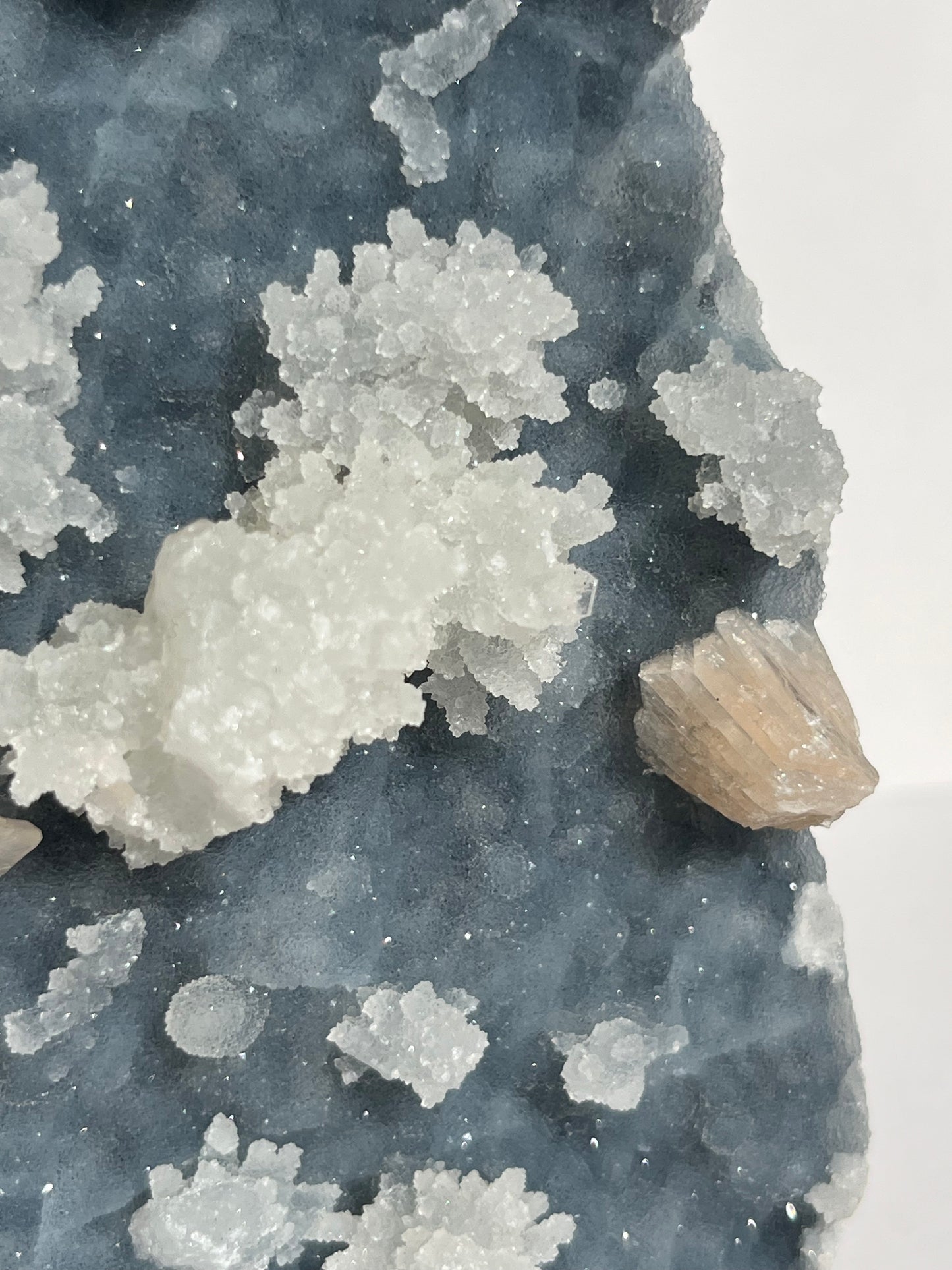 Blue Chalcedony with Flower Formations and Peach Stilbite Specimen A
