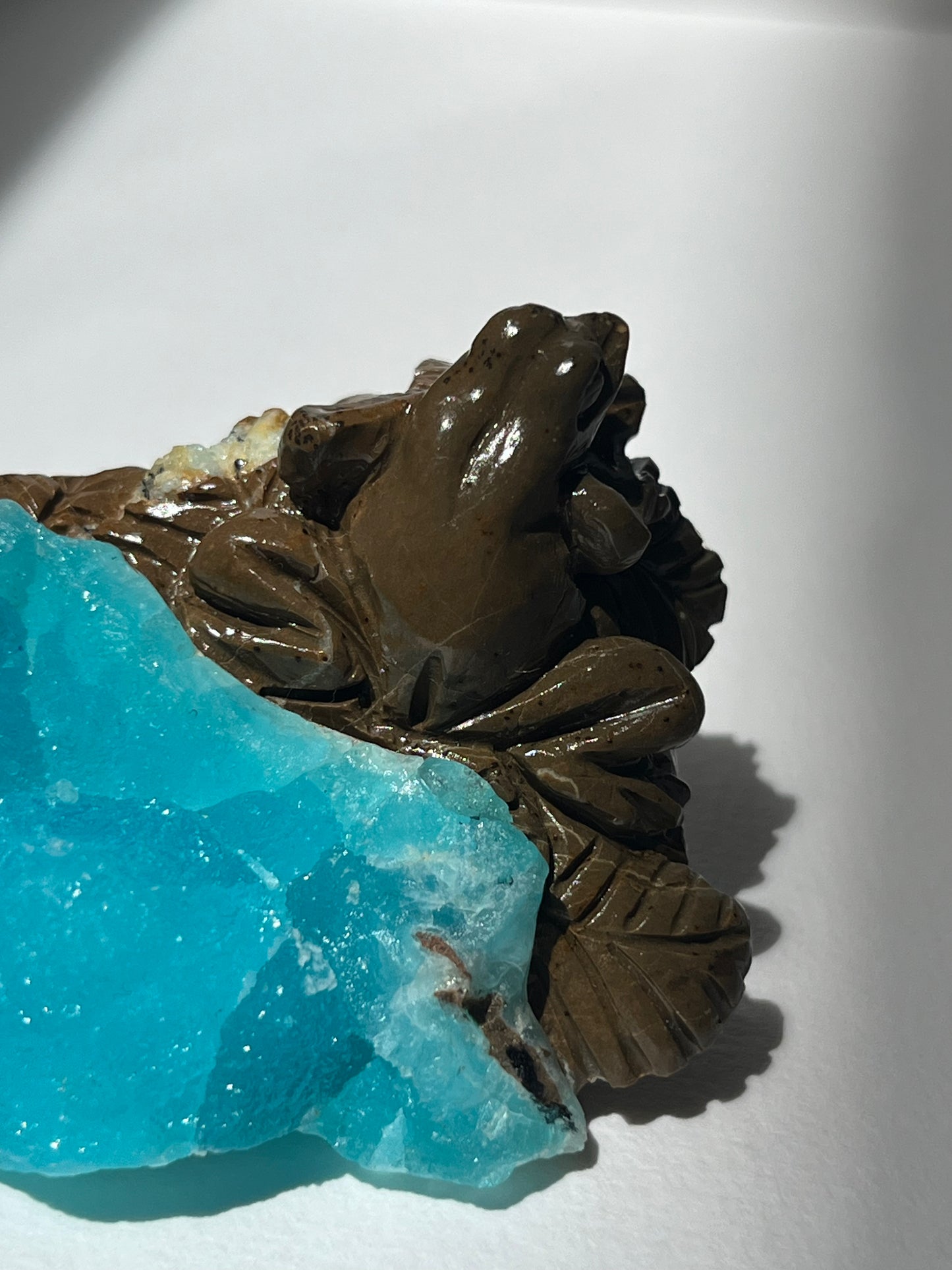 Blue Hemimorphite Frog Carving on Matrix with Dendritic Inclusions