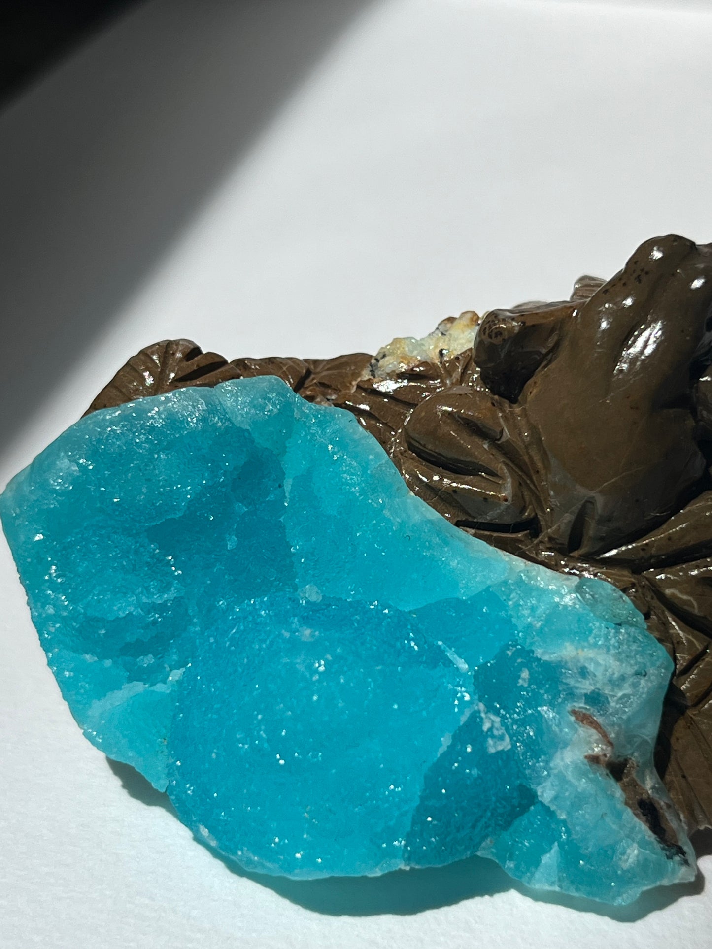 Blue Hemimorphite Frog Carving on Matrix with Dendritic Inclusions