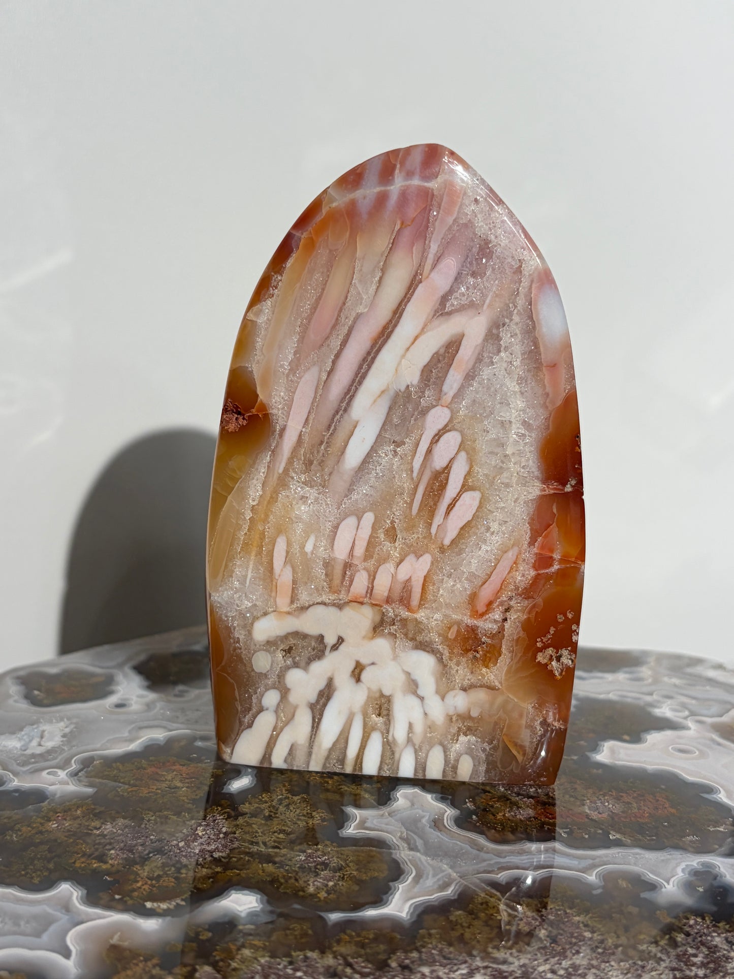 “Rosewater Blooms” Pink Orbicular Nebula Agate Statement Freeform with Golden Healer Quartz, Carnelian and Green Moss