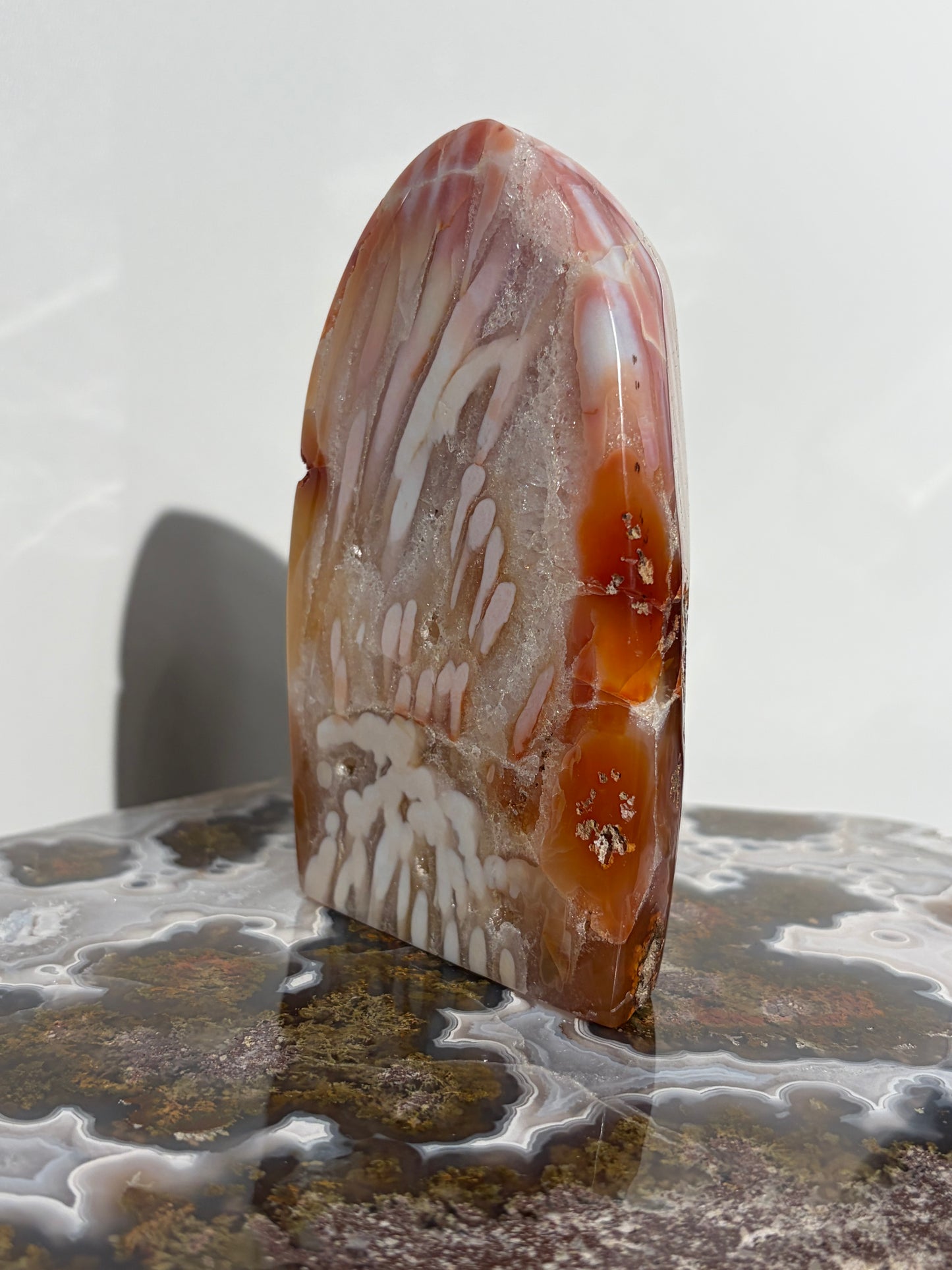 “Rosewater Blooms” Pink Orbicular Nebula Agate Statement Freeform with Golden Healer Quartz, Carnelian and Green Moss