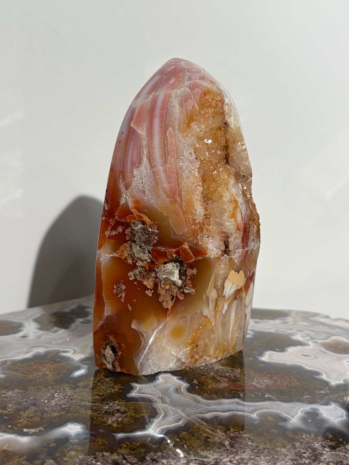“Rosewater Blooms” Pink Orbicular Nebula Agate Statement Freeform with Golden Healer Quartz, Carnelian and Green Moss