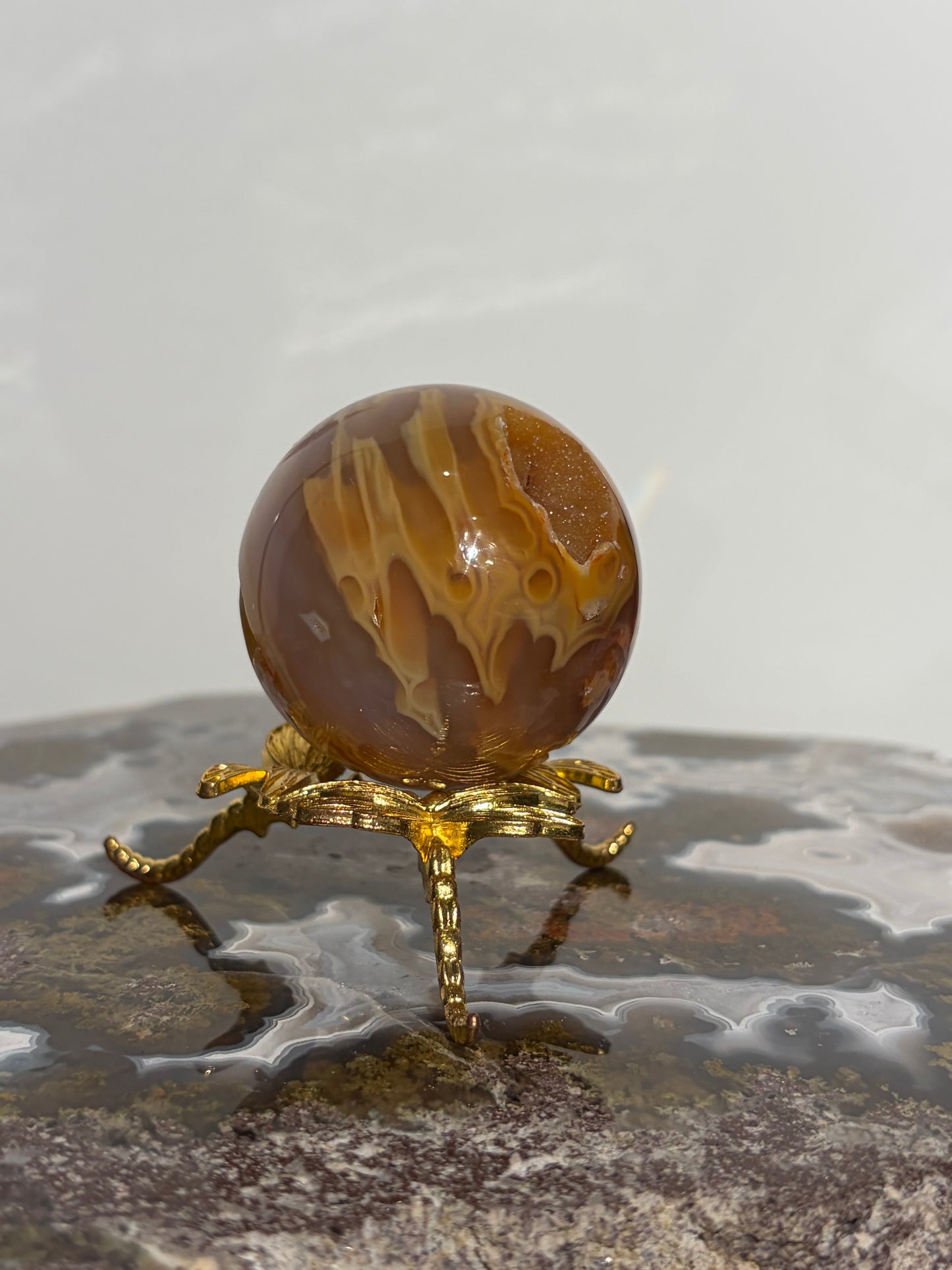 “Solaris” Druzy Honey World Nebula Agate Sphere with Golden Healer Quartz & Carnelian