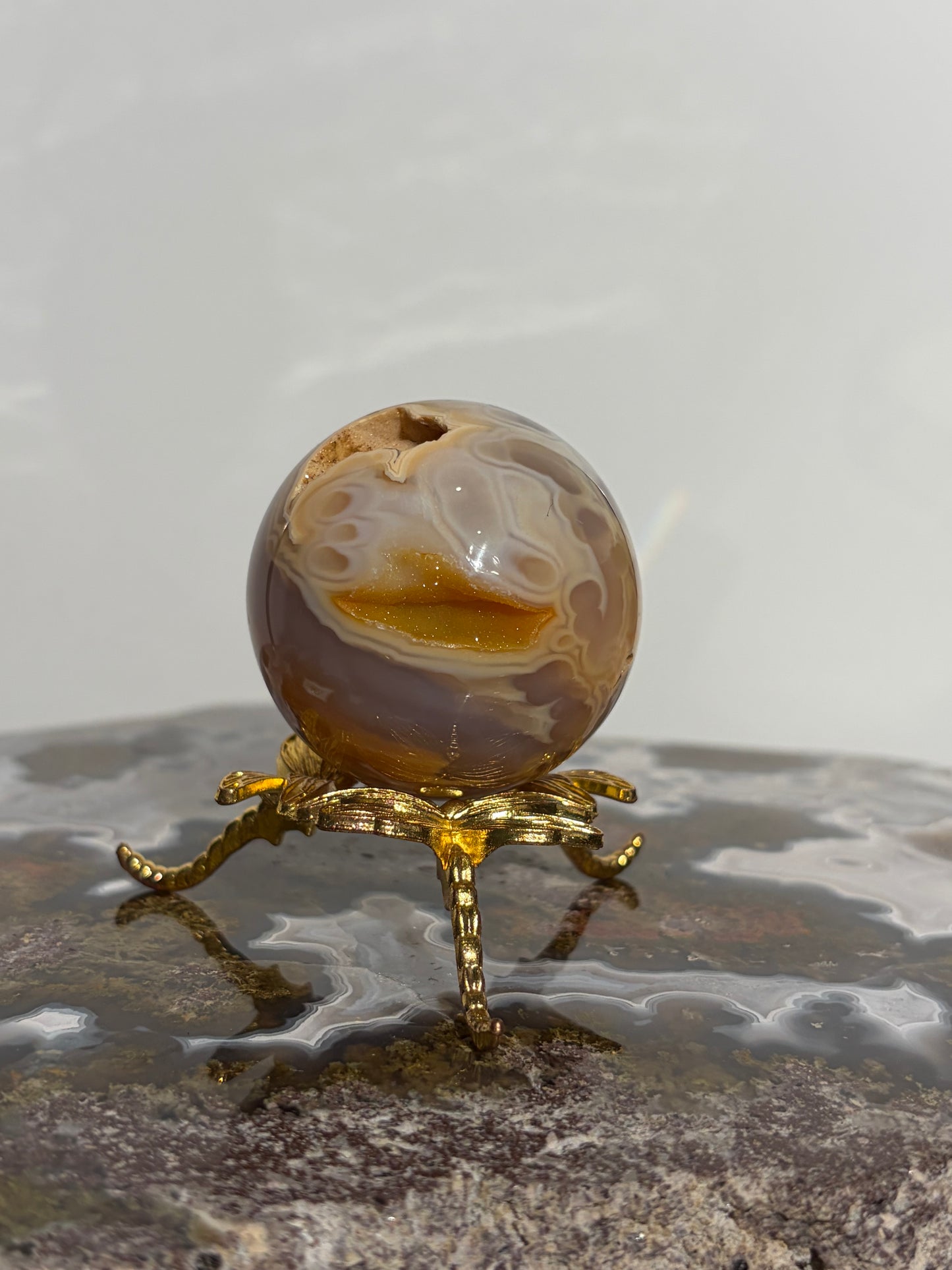 “Solaris” Druzy Honey World Nebula Agate Sphere with Golden Healer Quartz & Carnelian
