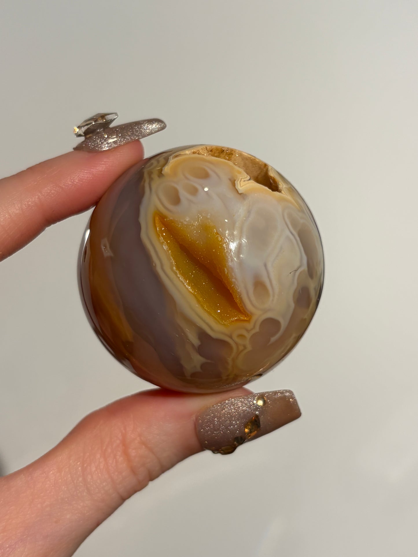 “Solaris” Druzy Honey World Nebula Agate Sphere with Golden Healer Quartz & Carnelian
