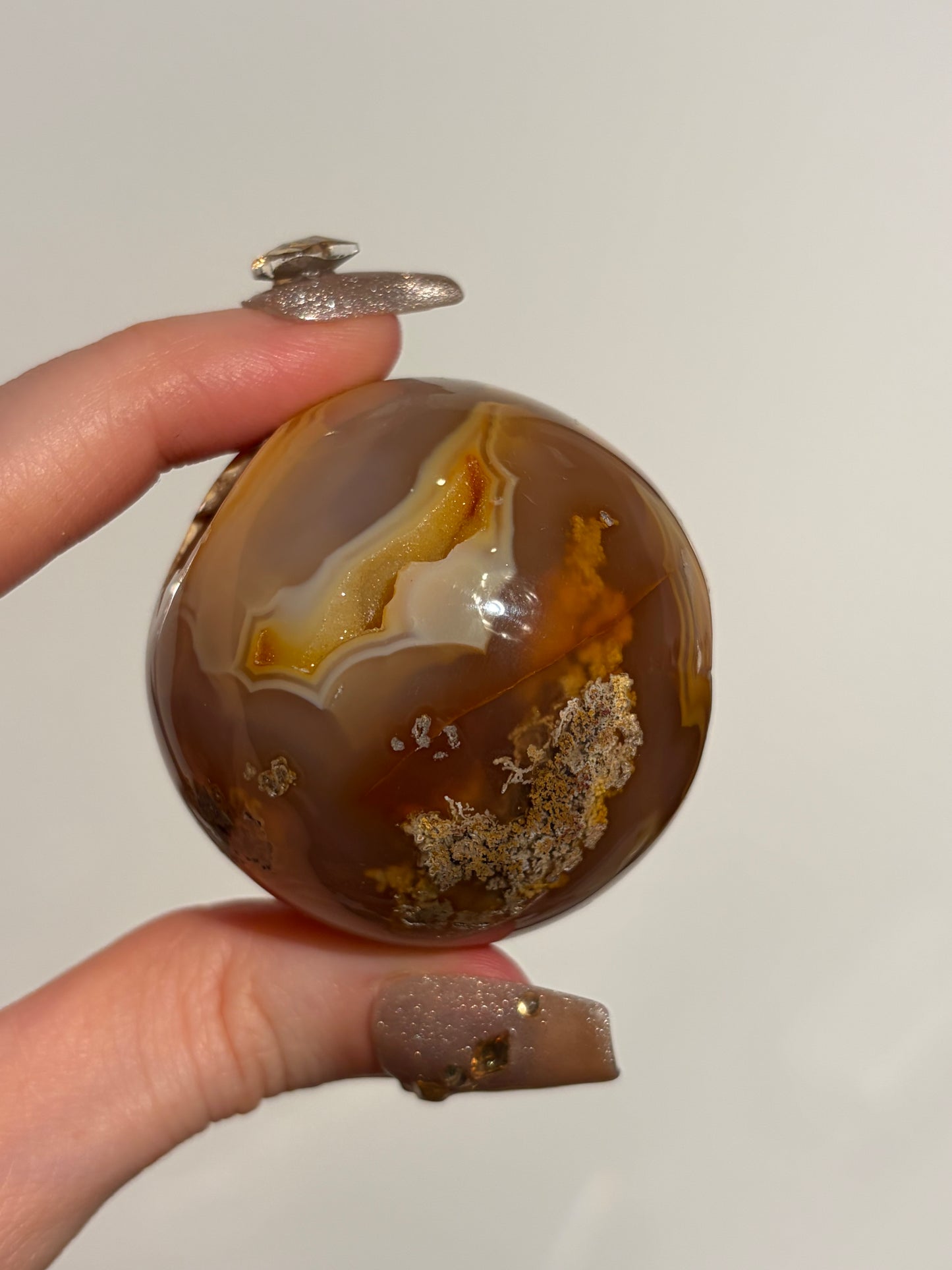 “Solaris” Druzy Honey World Nebula Agate Sphere with Golden Healer Quartz & Carnelian