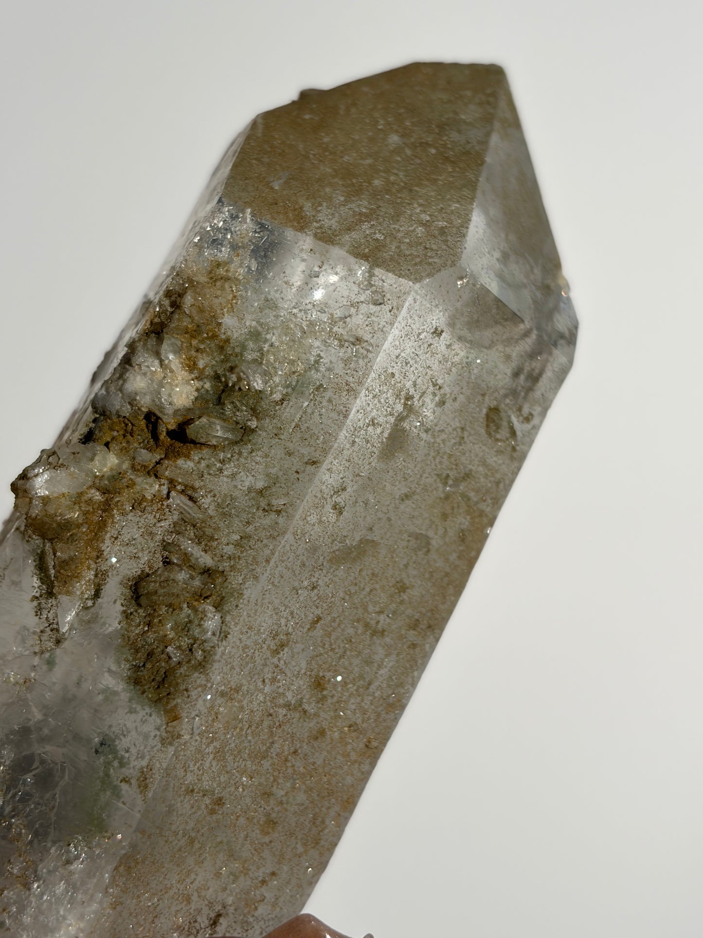 Doubly Terminated Chlorite Included Quartz Specimen with Druzy Quartz Coating C