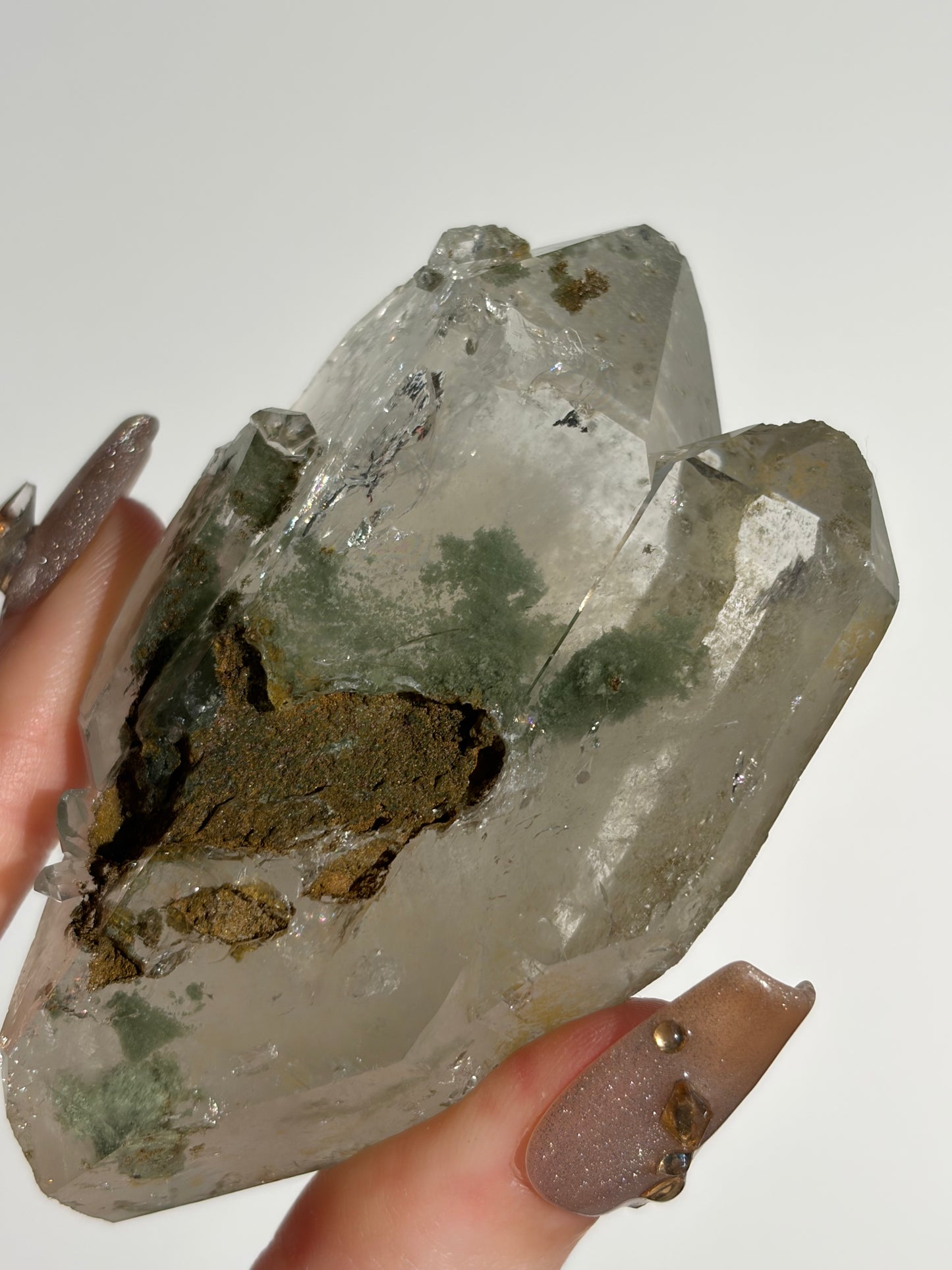 Doubly Terminated Twin Chlorite Included Quartz Specimen with Druzy Quartz Coating F