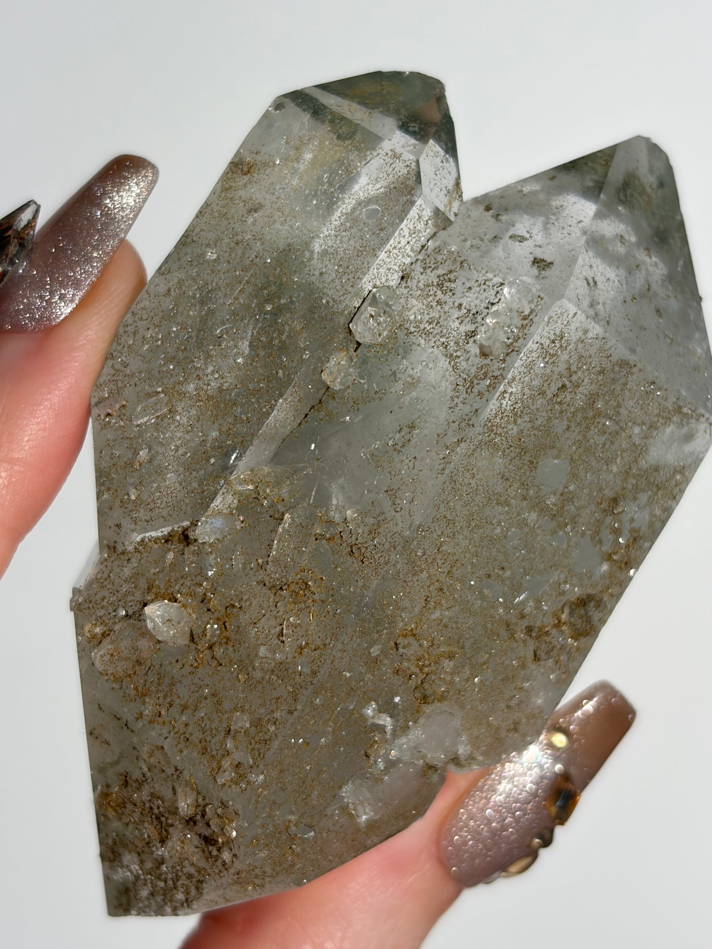 Doubly Terminated Twin Chlorite Included Quartz Specimen with Druzy Quartz Coating F
