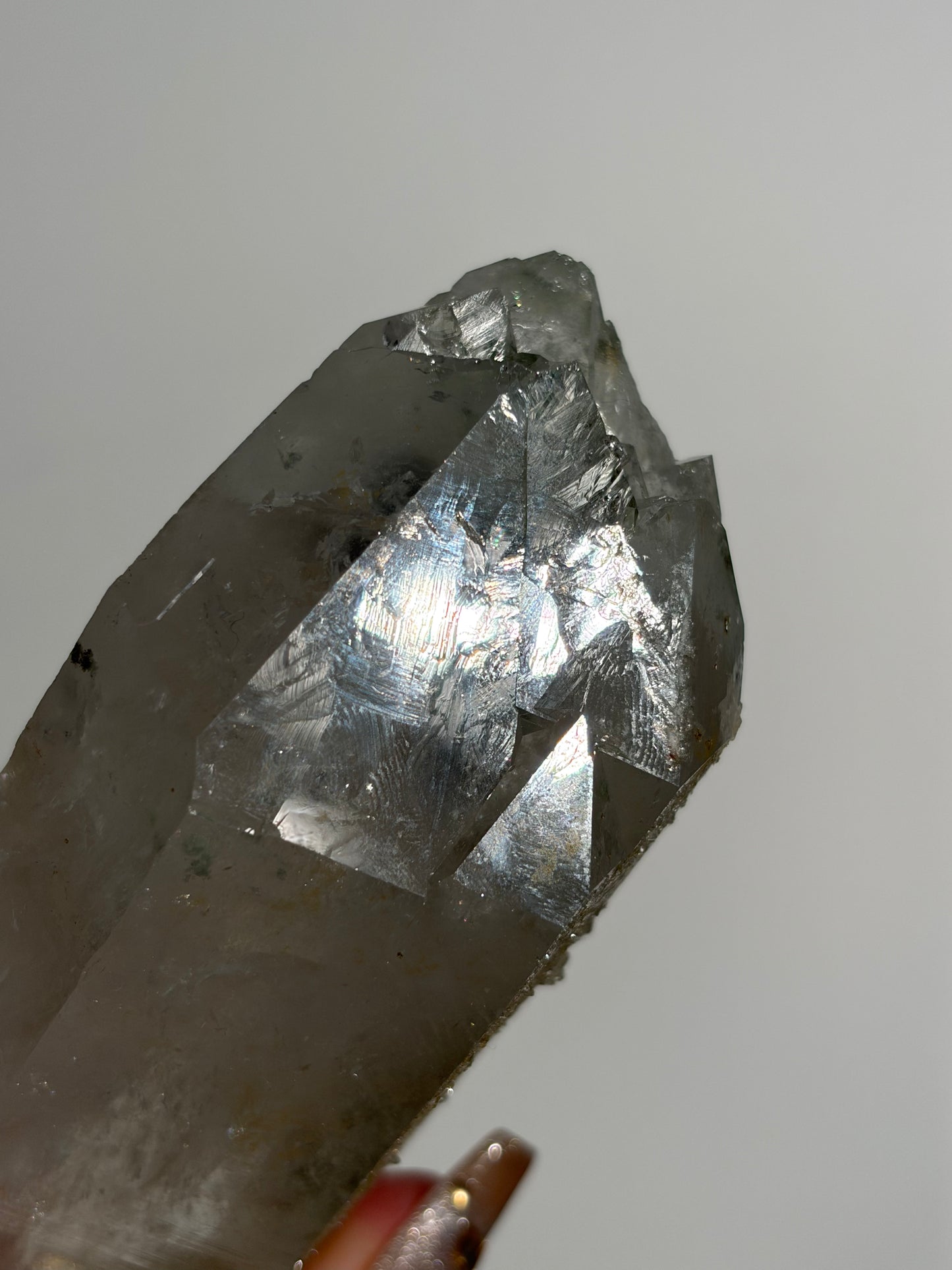 Doubly Terminated Chlorite Included Quartz Specimen with Druzy Quartz Coating C