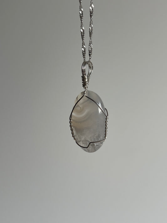 Flower Chalcedony and Quartz 925 Sterling Silver Wire Wrapped Pendant B