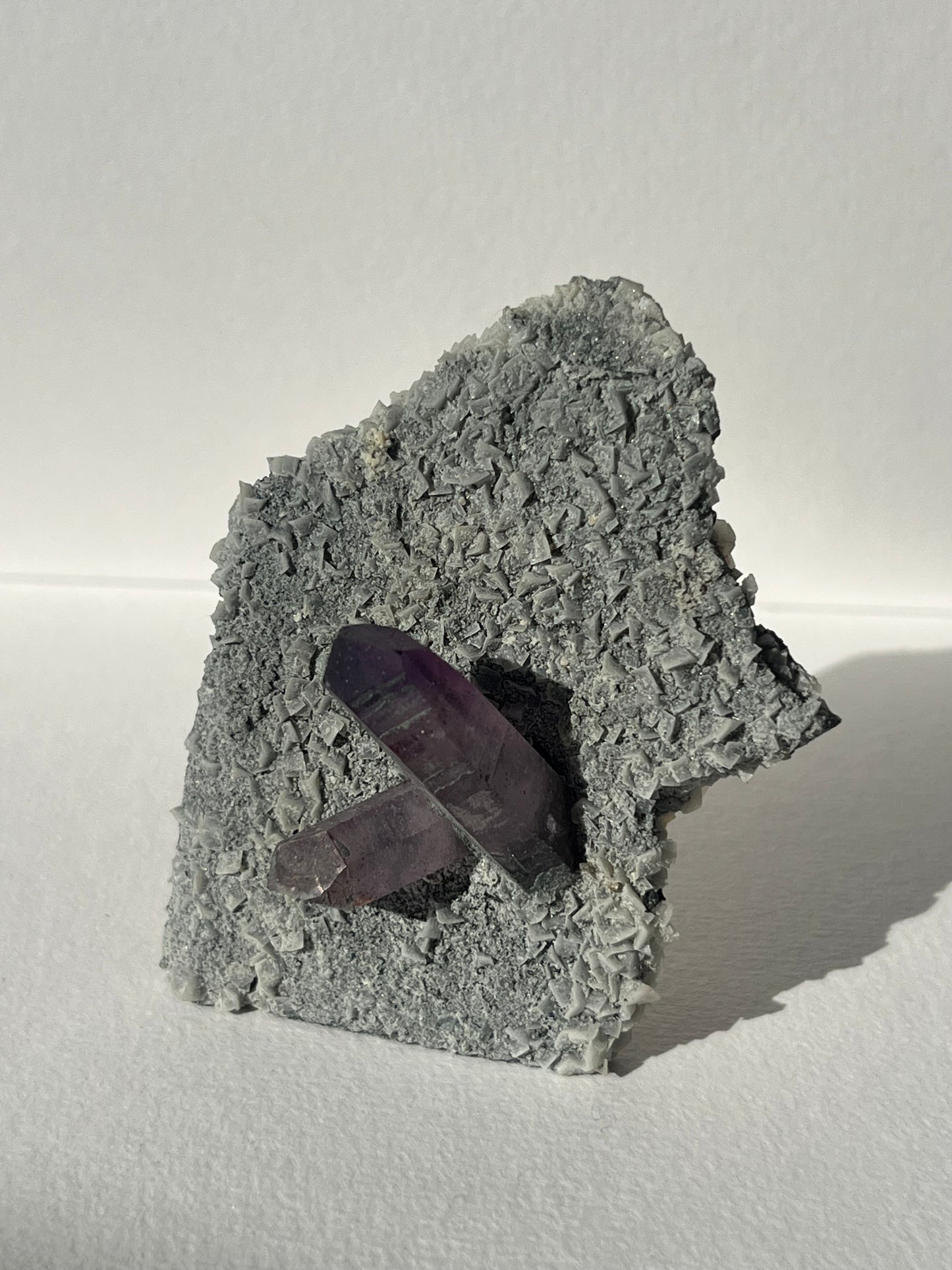 Amethyst on UV Reactive Grey Coated Calcite Matrix Specimen G