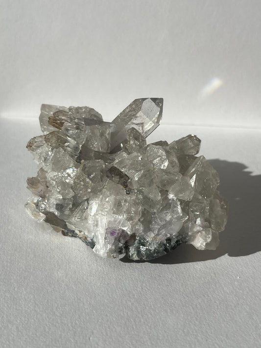 Druzy Analcime Coated Goboboseb Quartz Cluster with UV Reactive Calcite