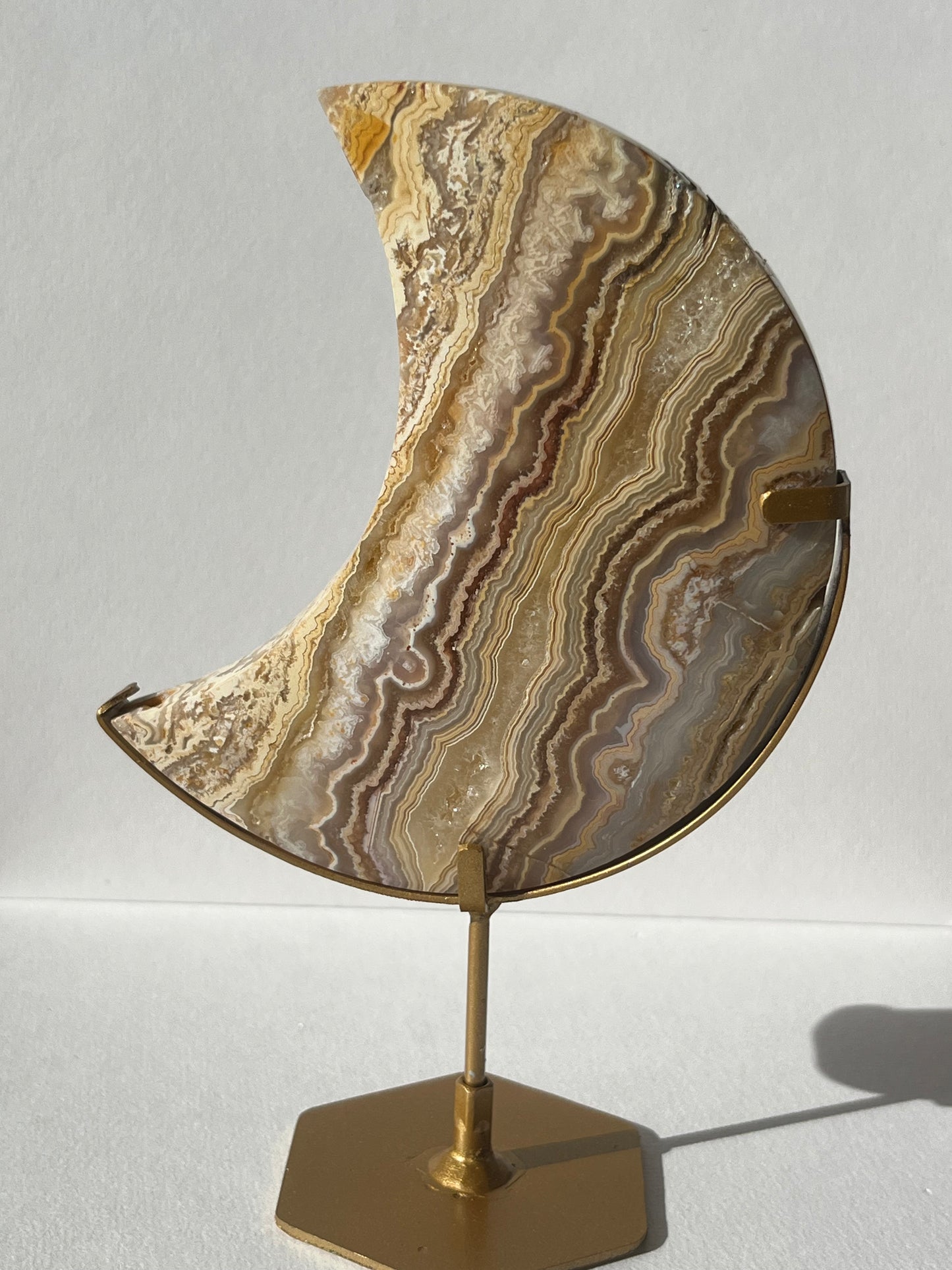 High Grade Golden Lace Agate Moon Carving on Stand with Parallax Effect B