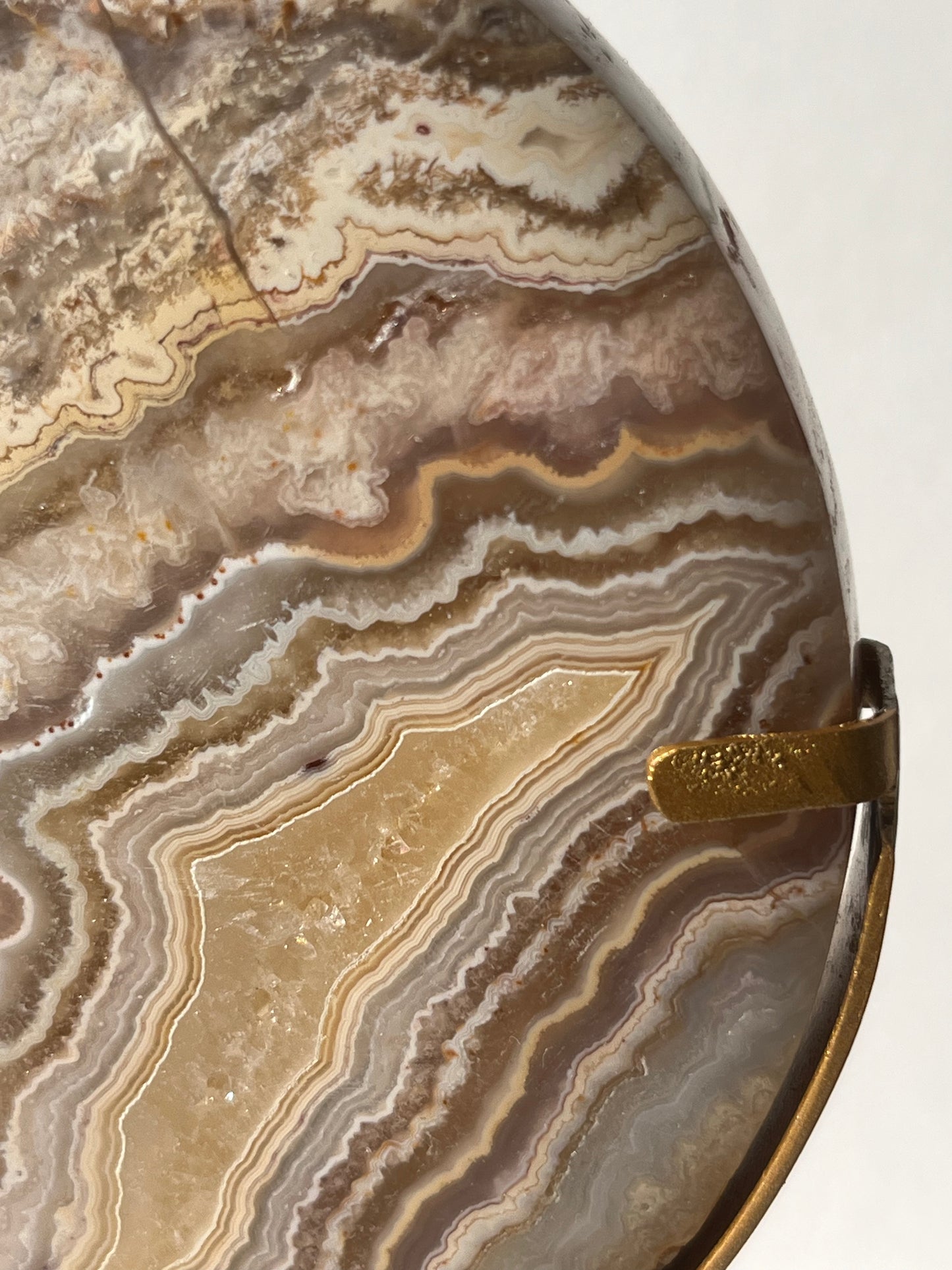 High Grade Golden Lace Agate Moon Carving on Stand with Parallax Effect E