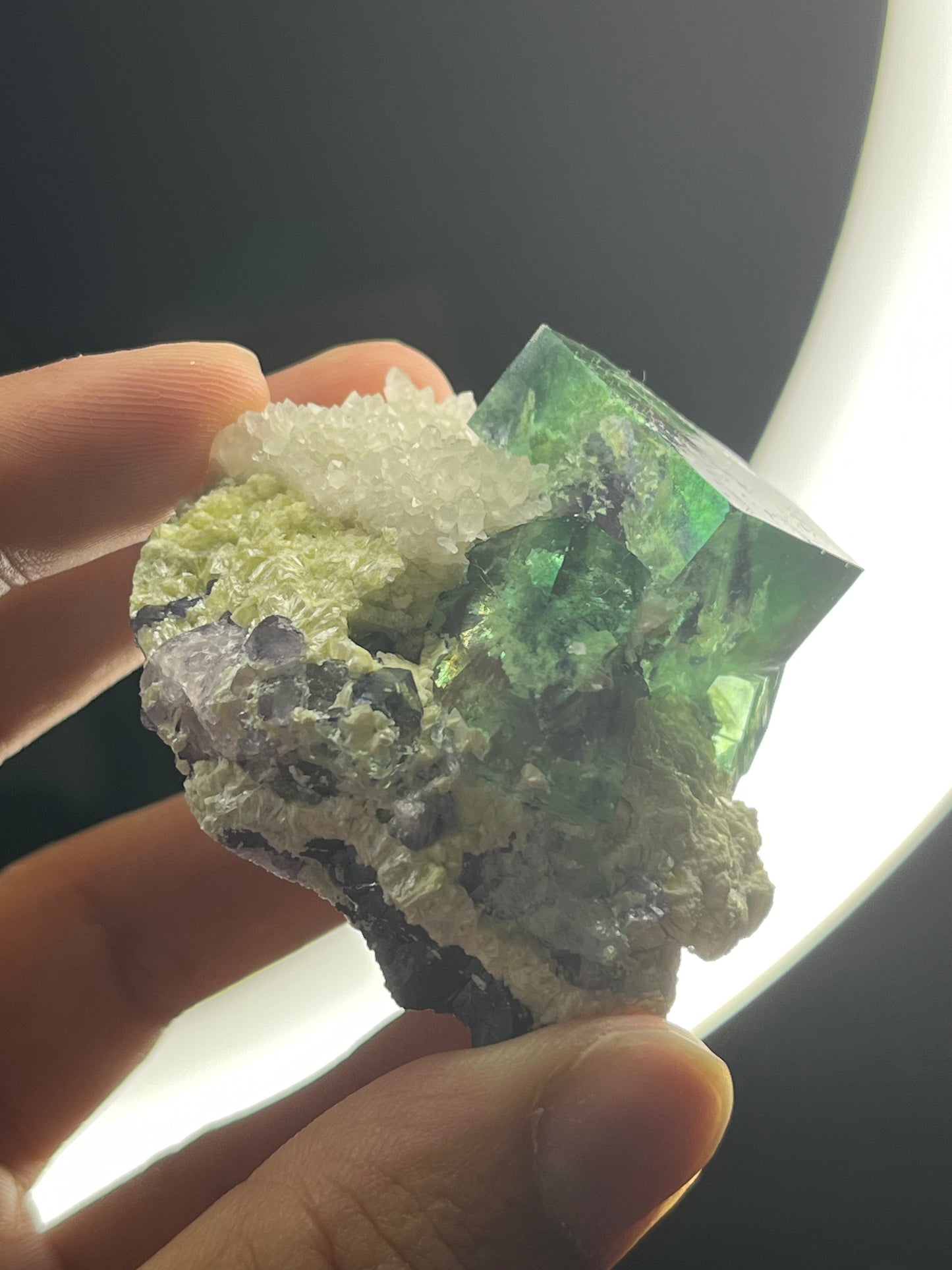 Vibrant Green-Purple Phantom Yindu Fluorite Specimen with Quartz E