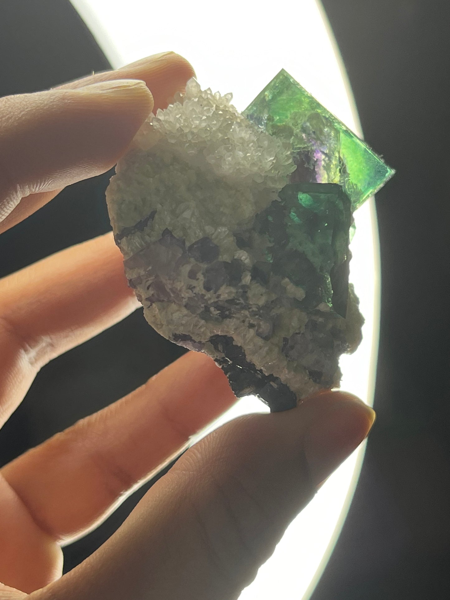Vibrant Green-Purple Phantom Yindu Fluorite Specimen with Quartz E