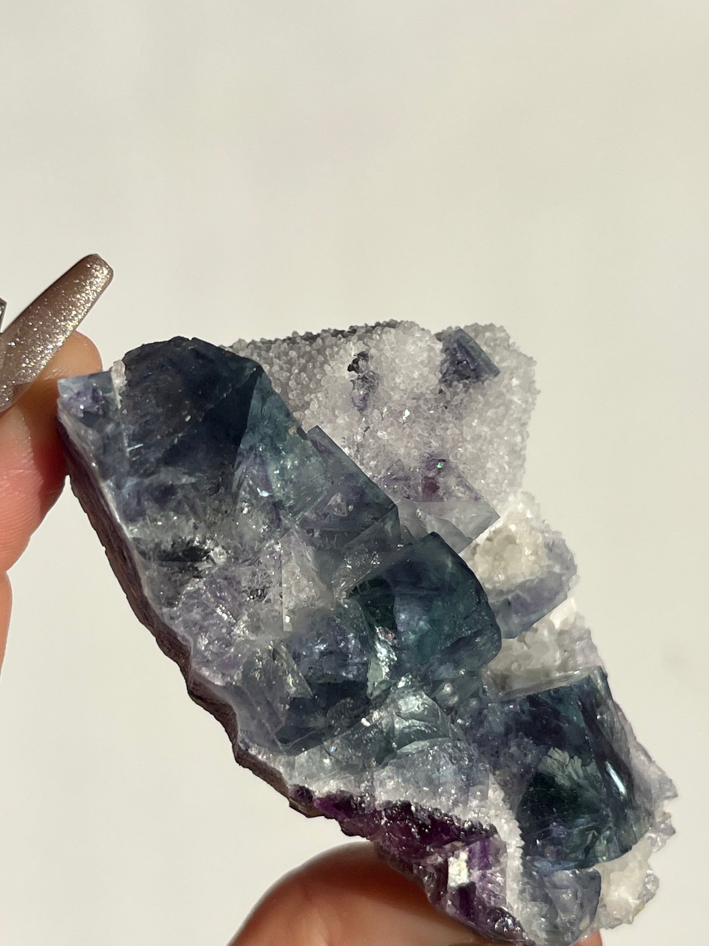 Teal Blue-Green and Purple Phantom Yindu Fluorite with Quartz Specimen D
