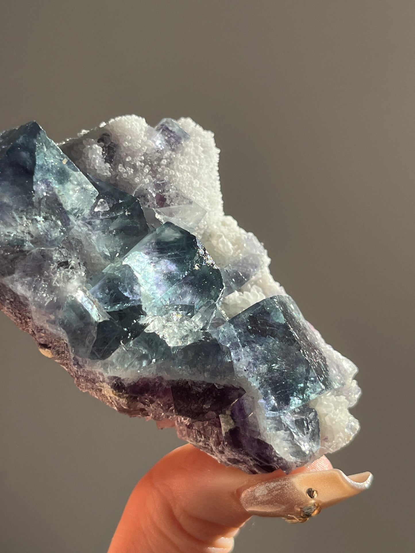 Teal Blue-Green and Purple Phantom Yindu Fluorite with Quartz Specimen D
