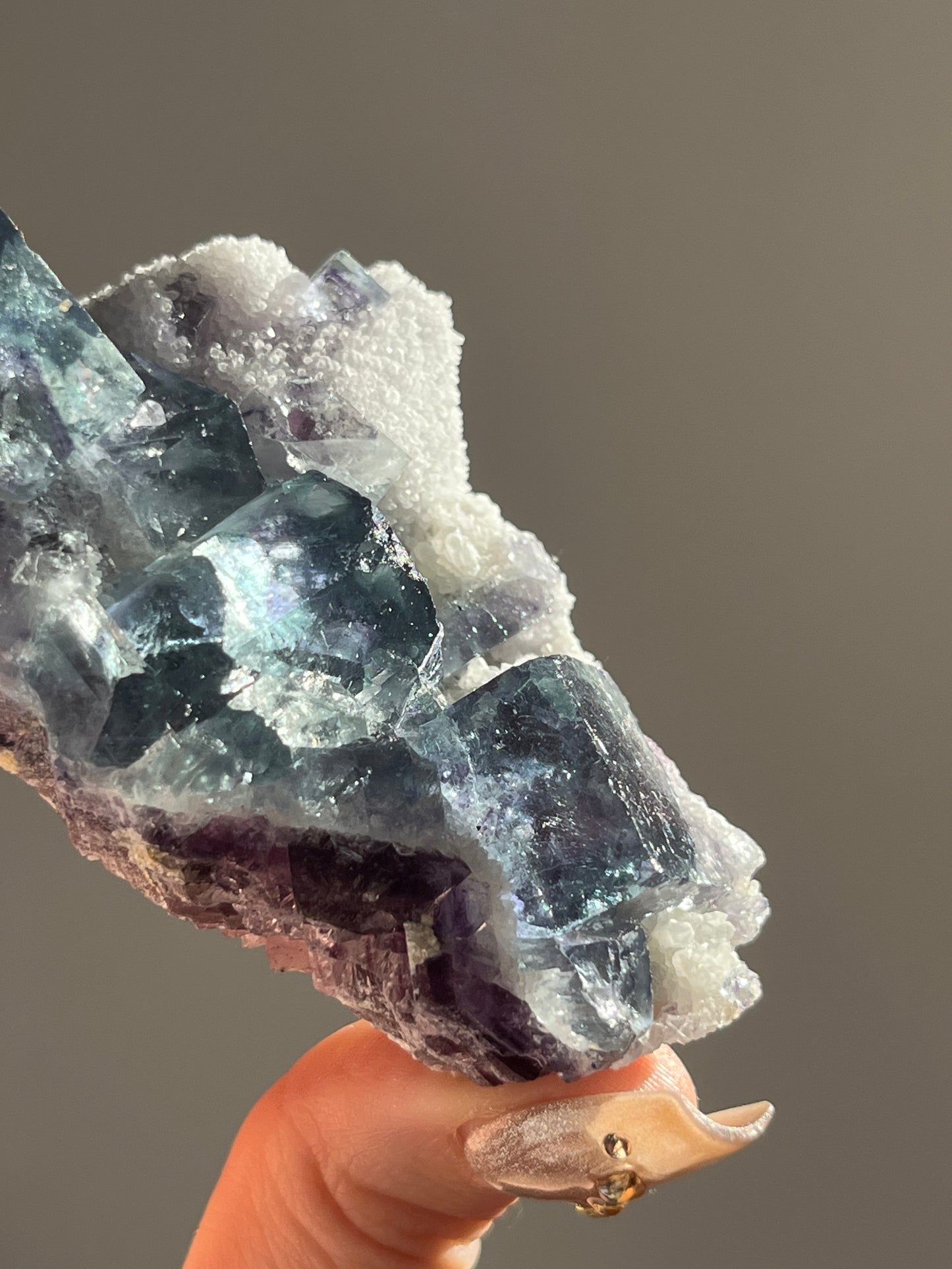 Teal Blue-Green and Purple Phantom Yindu Fluorite with Quartz Specimen D