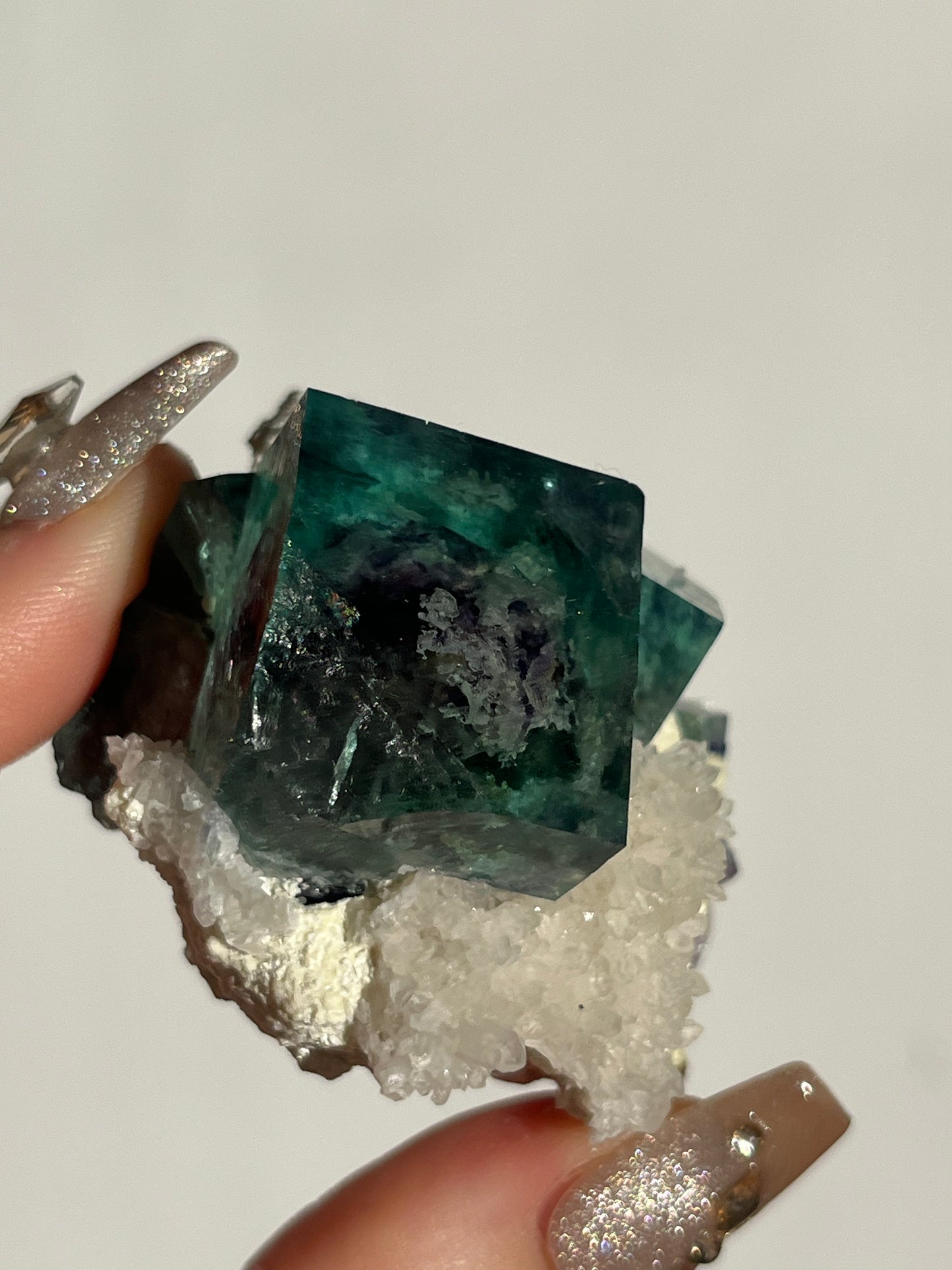 Vibrant Green-Purple Phantom Yindu Fluorite Specimen with Quartz E