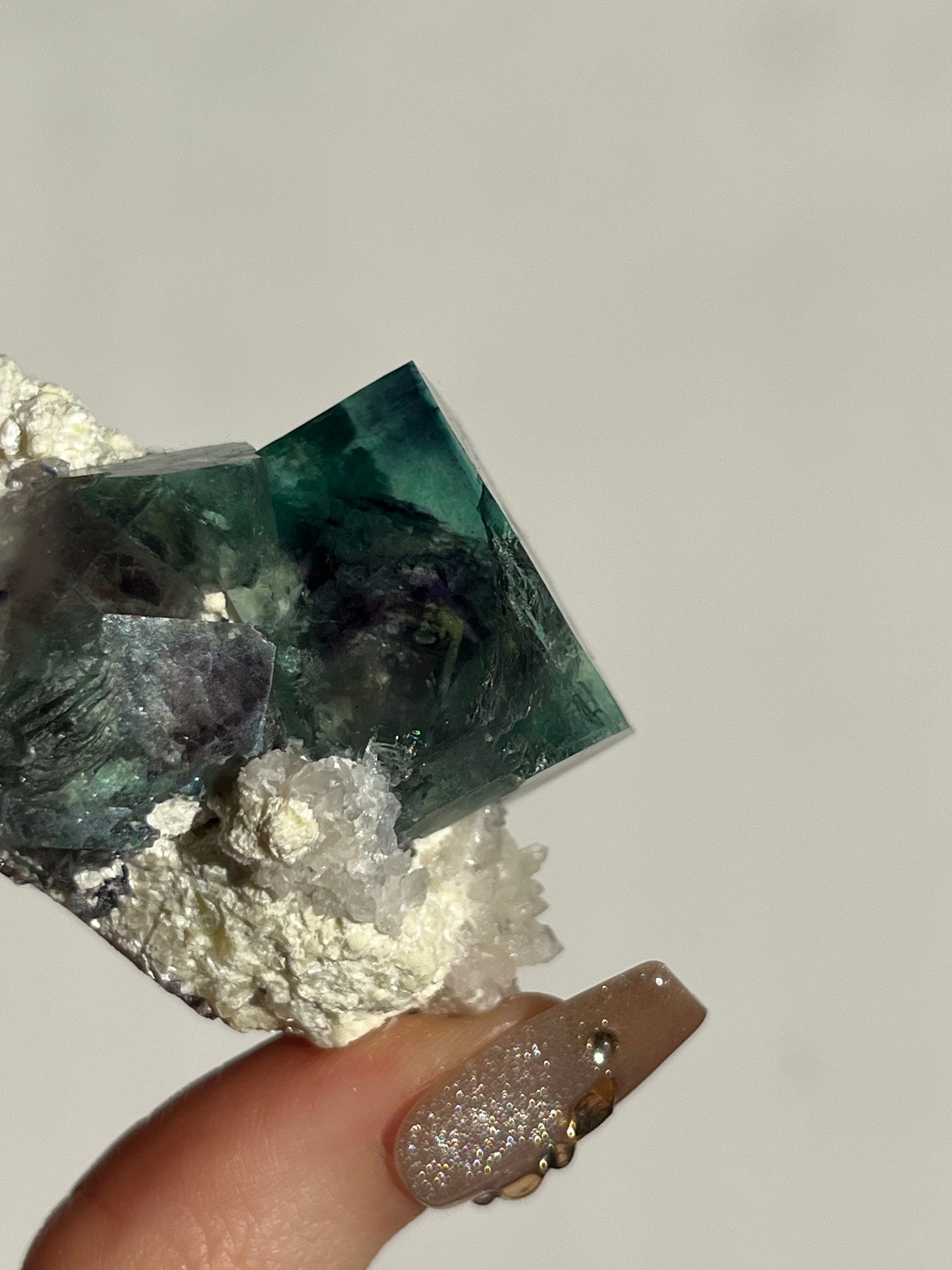 Vibrant Green-Purple Phantom Yindu Fluorite Specimen with Quartz E