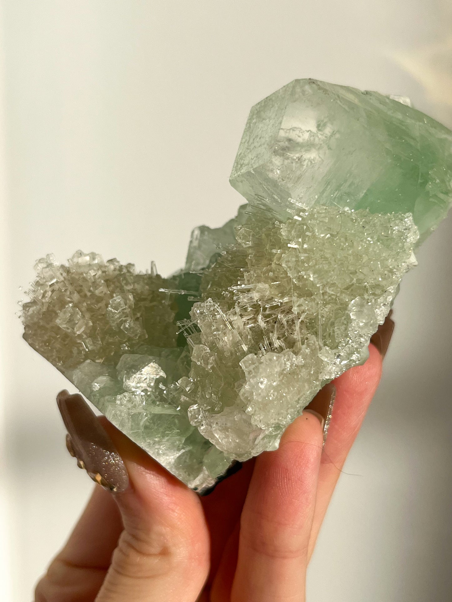 Green Apophyllite with Thomsonite, Mesolite & Calcite Specimen #4 (Self Standing)