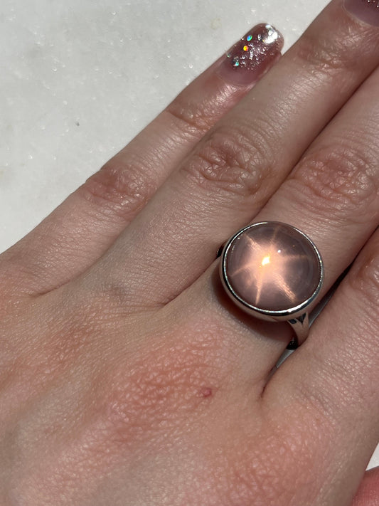 Star Rose Quartz Adjustable Ring (925 Sterling Silver)