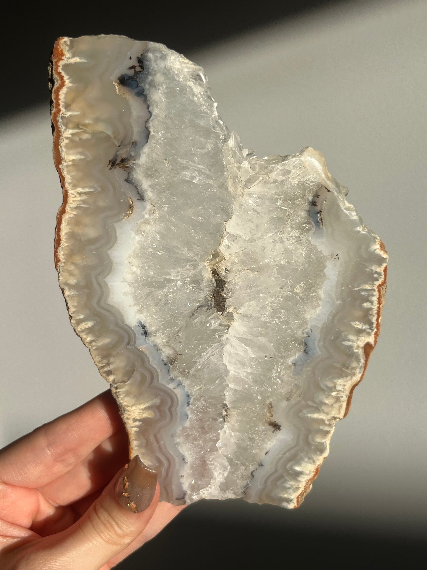 Indonesian Flower Agate with Quartz and Dendritic Inclusions Slab on Stand