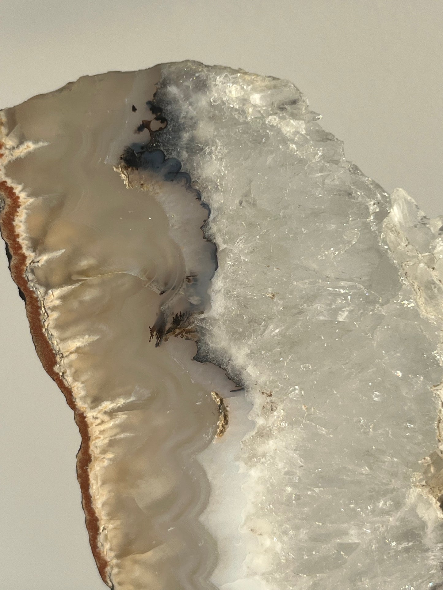 Indonesian Flower Agate with Quartz and Dendritic Inclusions Slab on Stand