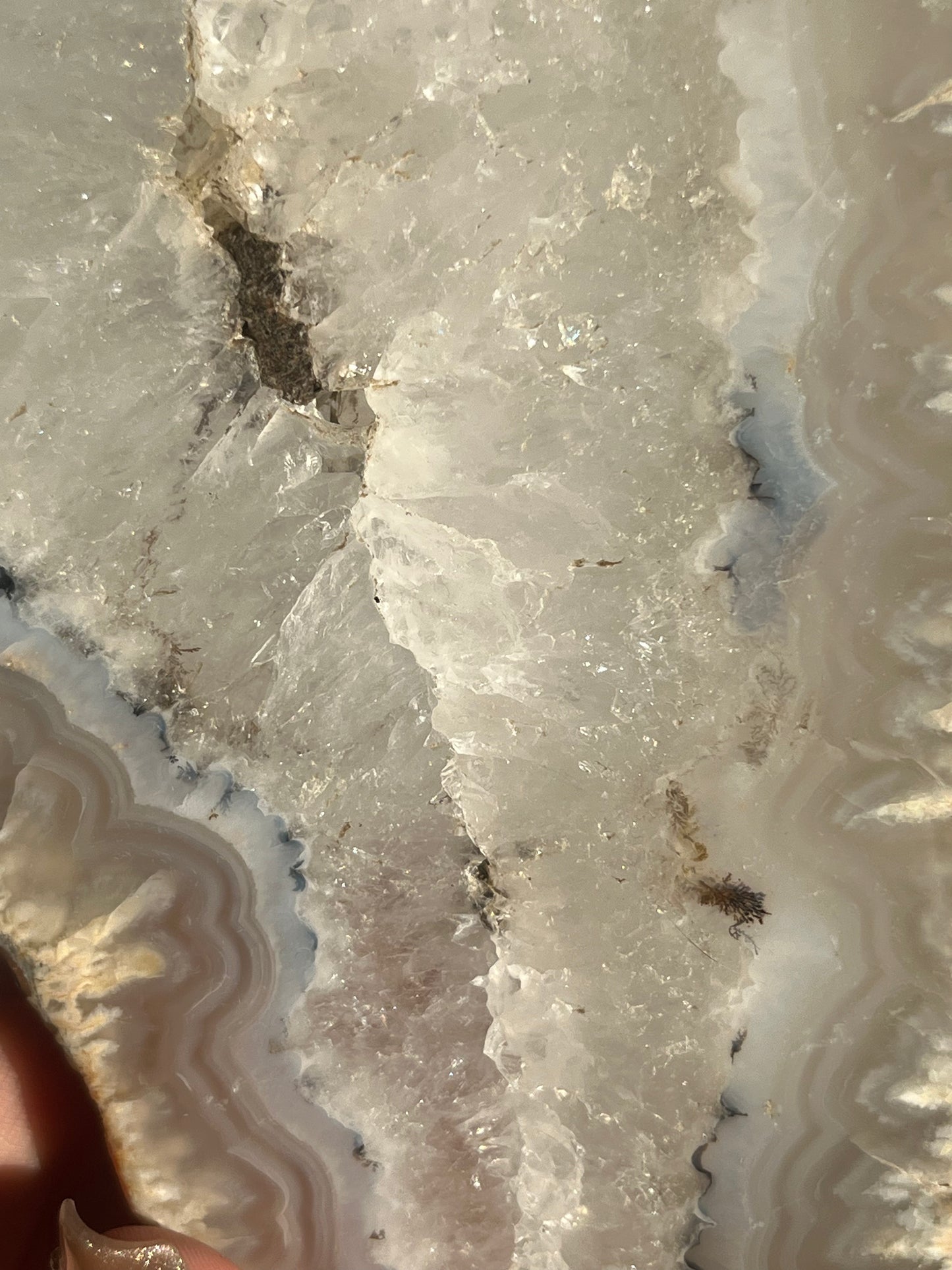 Indonesian Flower Agate with Quartz and Dendritic Inclusions Slab on Stand