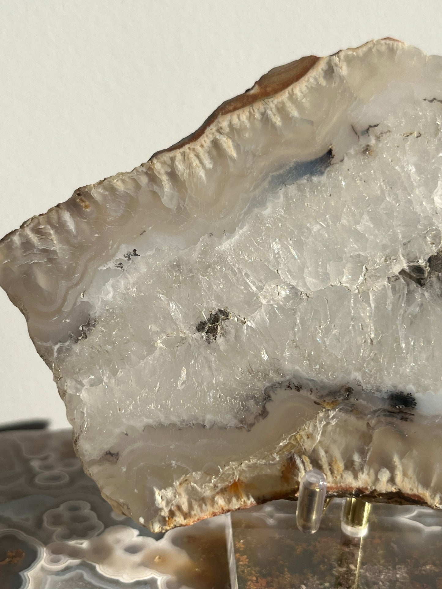 Indonesian Flower Agate with Quartz and Dendritic Inclusions Slab on Stand