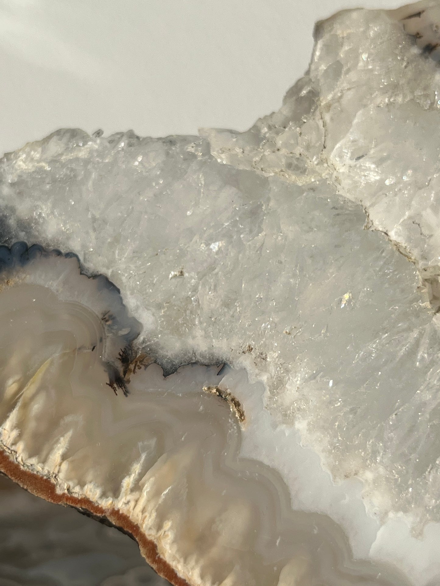 Indonesian Flower Agate with Quartz and Dendritic Inclusions Slab on Stand