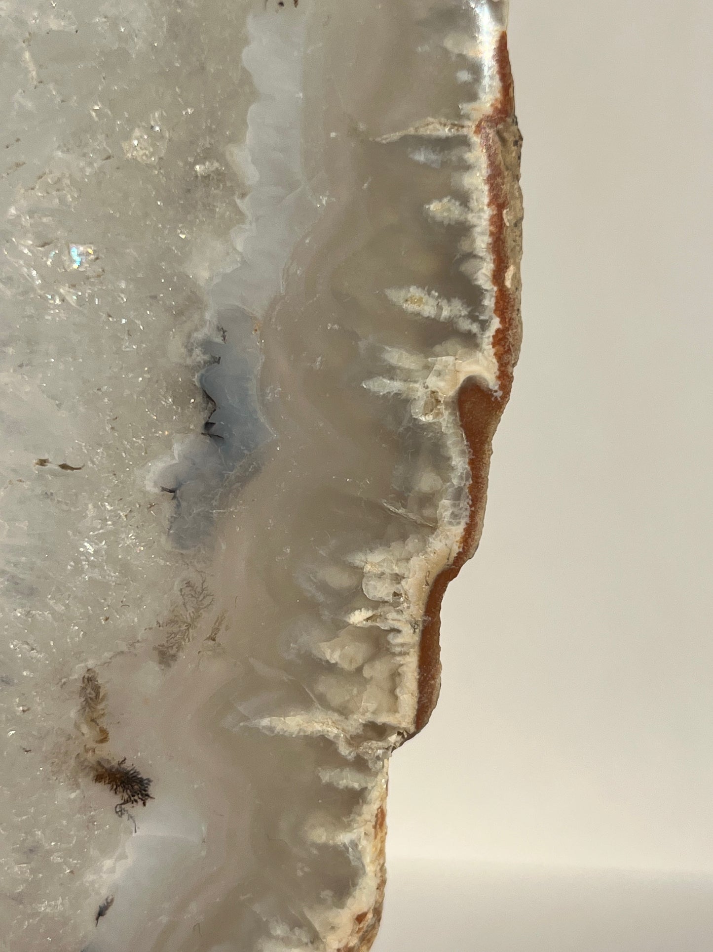 Indonesian Flower Agate with Quartz and Dendritic Inclusions Slab on Stand